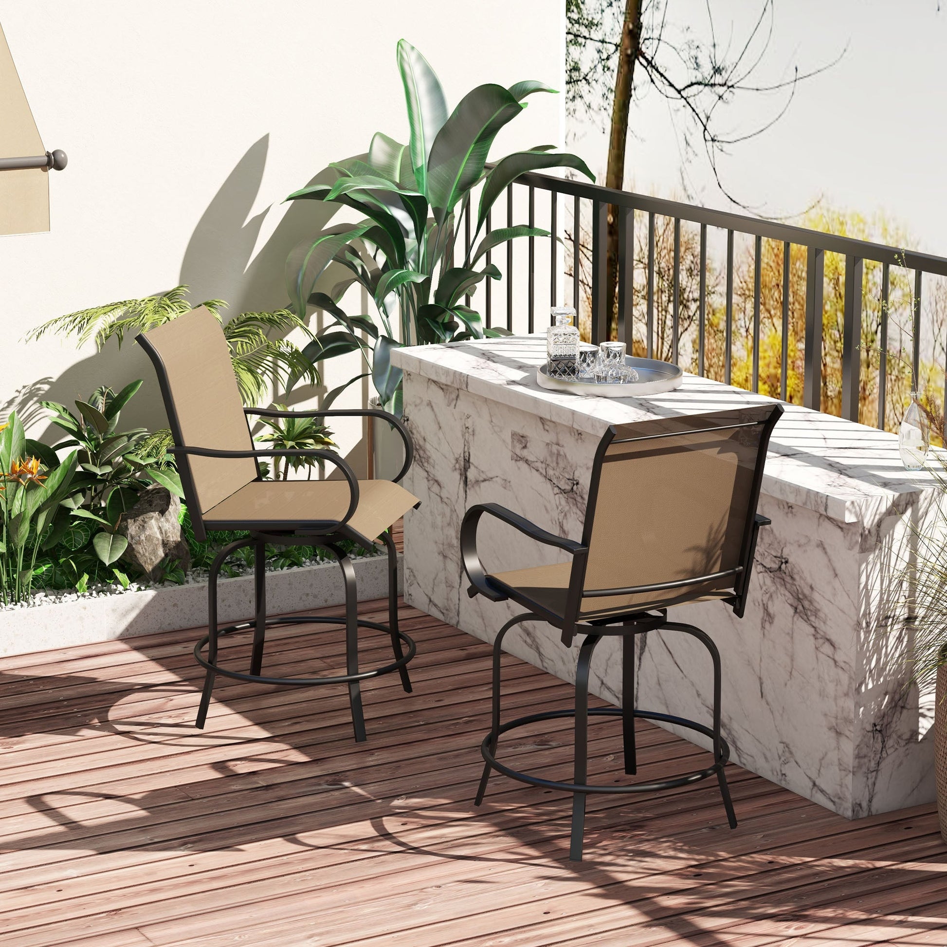 Outdoor Bar Stools Set of 2 with Armrests, 360° Swivel Bar Height Patio Chairs with Mesh Fabric, Steel Frame Dining Chairs, for Balcony, Poolside, Backyard, Tan
