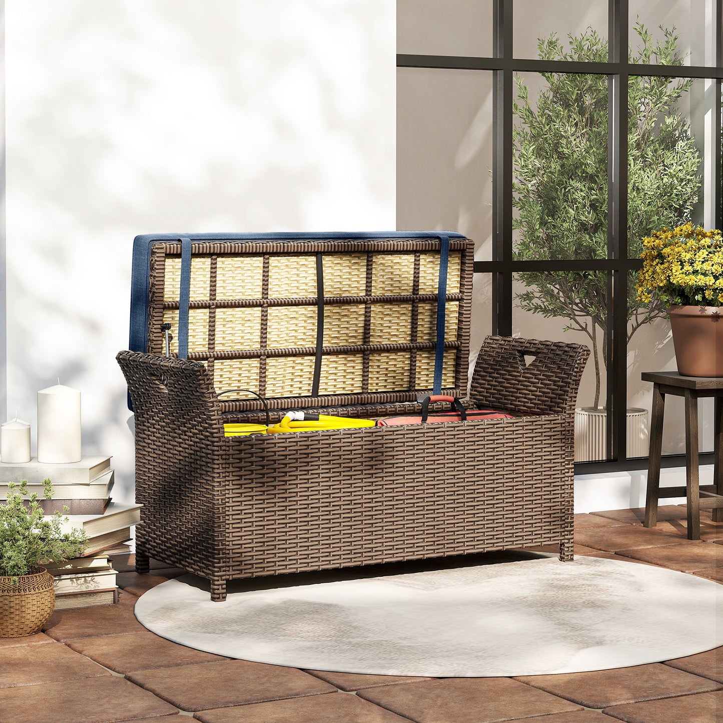 2-In-1 Patio Wicker Storage Bench, 29 Gallon Outdoor PE Rattan Patio Furniture, Large Capacity Rectangle Basket Box with Handles and Cushion, Navy Blue
