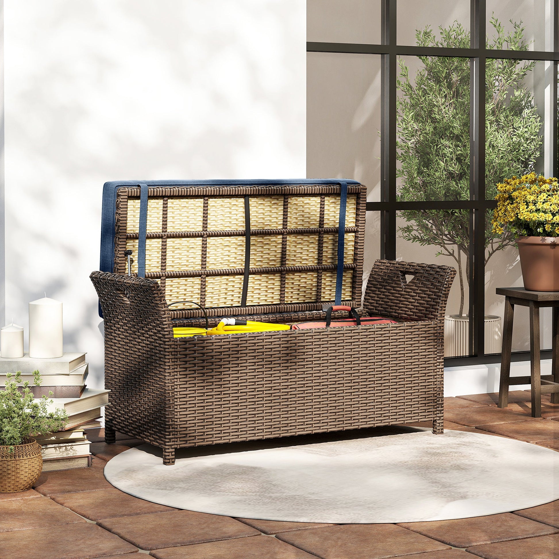 2-In-1 Patio Wicker Storage Bench, 29 Gallon Outdoor PE Rattan Patio Furniture, Large Capacity Rectangle Basket Box with Handles and Cushion, Navy Blue