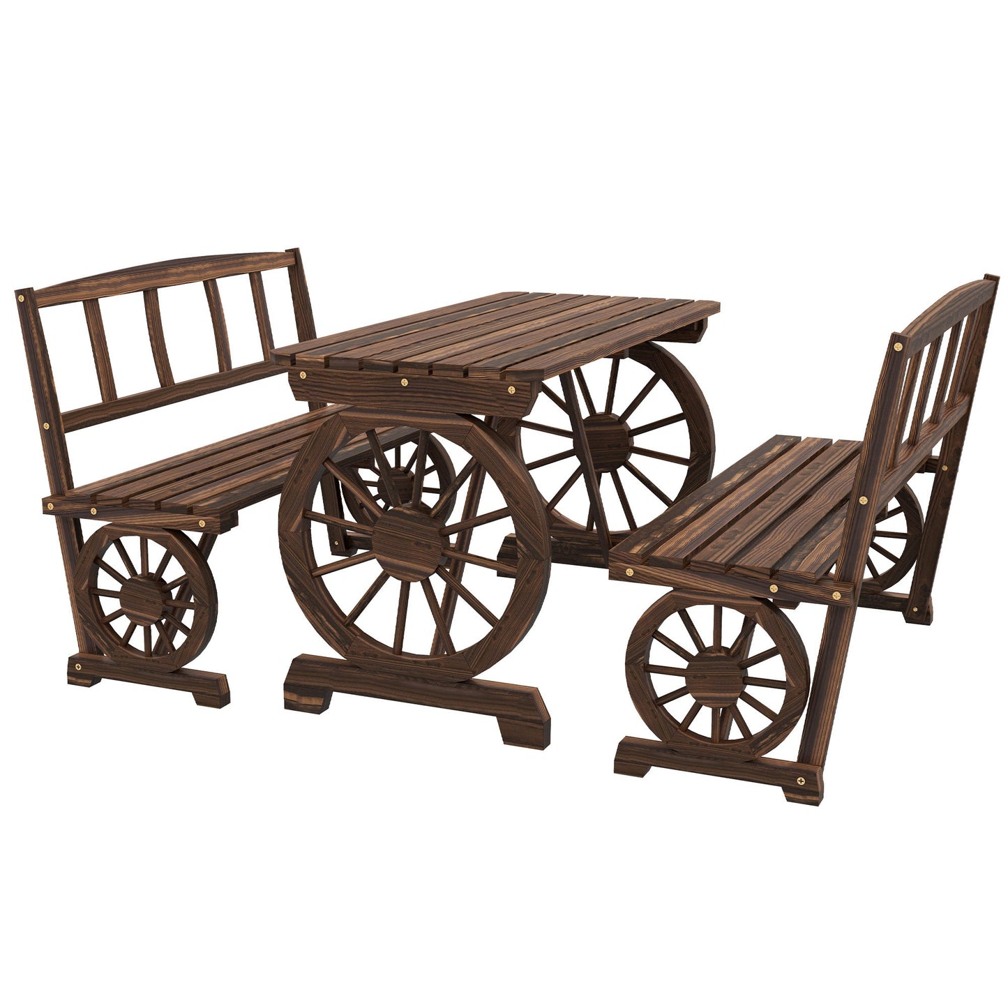Outdoor Dining Set for 4 People, Wooden 3-Piece Carriage Wheels Design Outdoor Table and Chairs Rustic Style for Porch, Backyard, Balcony, Poolside, Carbonized