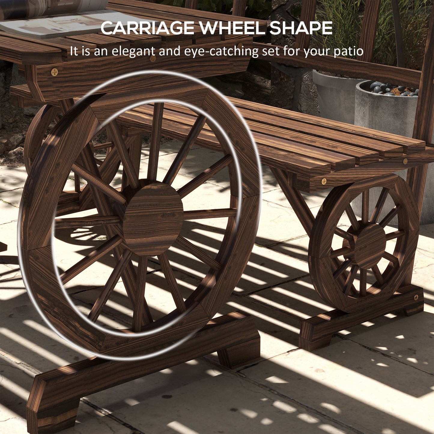 Outdoor Dining Set for 4 People, Wooden 3-Piece Carriage Wheels Design Outdoor Table and Chairs Rustic Style for Porch, Backyard, Balcony, Poolside, Carbonized