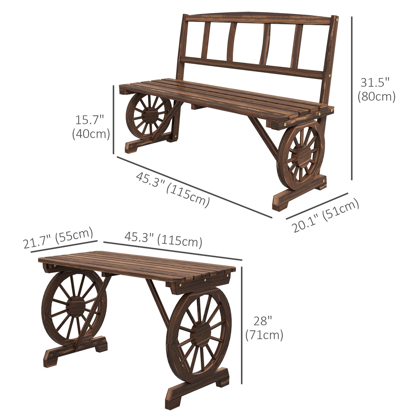 Outdoor Dining Set for 4 People, Wooden 3-Piece Carriage Wheels Design Outdoor Table and Chairs Rustic Style for Porch, Backyard, Balcony, Poolside, Carbonized