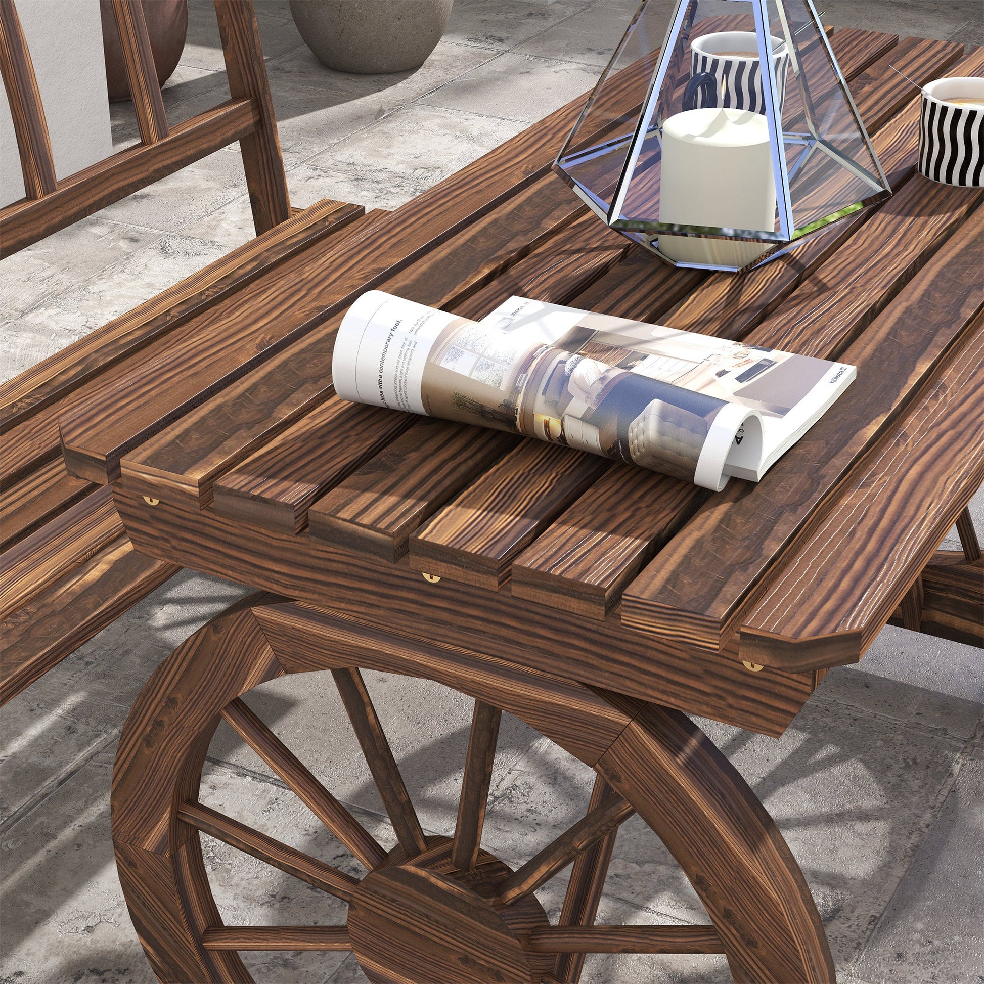 Outdoor Dining Set for 4 People, Wooden 3-Piece Carriage Wheels Design Outdoor Table and Chairs Rustic Style for Porch, Backyard, Balcony, Poolside, Carbonized
