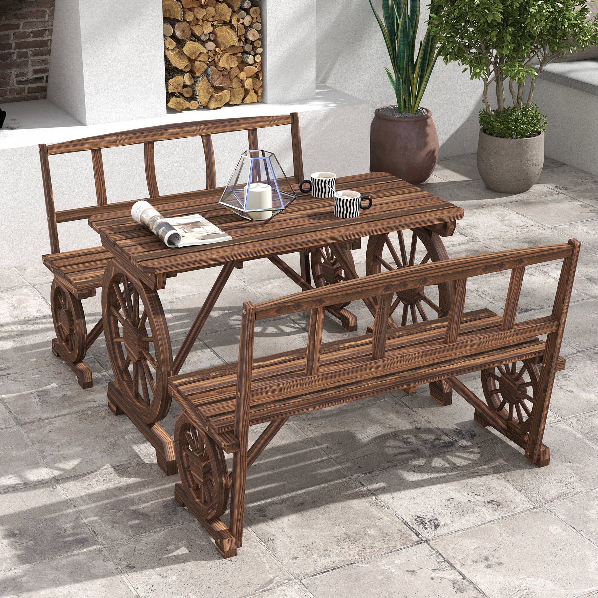 Outdoor Dining Set for 4 People, Wooden 3-Piece Carriage Wheels Design Outdoor Table and Chairs Rustic Style for Porch, Backyard, Balcony, Poolside, Carbonized