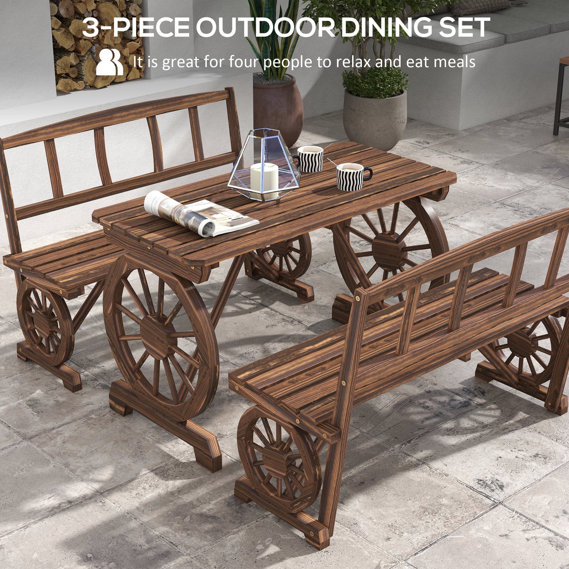 Outdoor Dining Set for 4 People, Wooden 3-Piece Carriage Wheels Design Outdoor Table and Chairs Rustic Style for Porch, Backyard, Balcony, Poolside, Carbonized