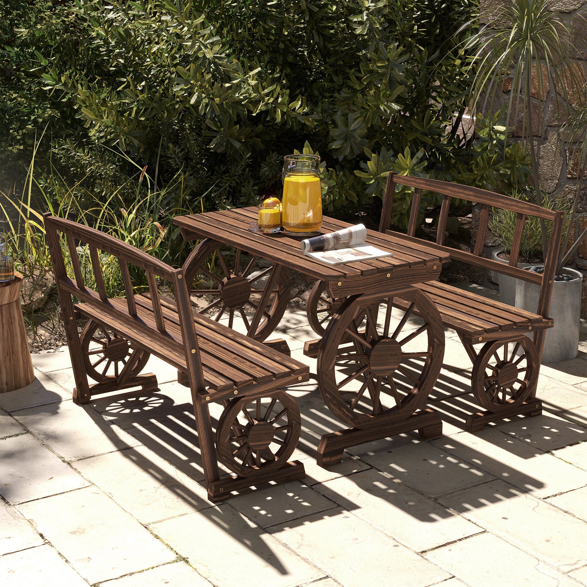 Outdoor Dining Set for 4 People, Wooden 3-Piece Carriage Wheels Design Outdoor Table and Chairs Rustic Style for Porch, Backyard, Balcony, Poolside, Carbonized