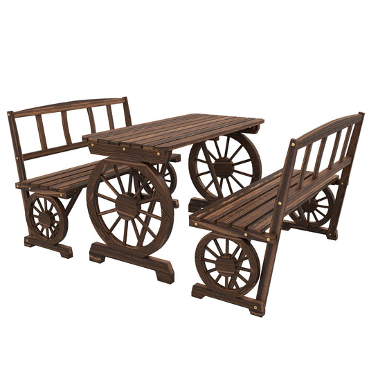 Outdoor Dining Set for 4 People, Wooden 3-Piece Carriage Wheels Design Outdoor Table and Chairs Rustic Style for Porch, Backyard, Balcony, Poolside, Carbonized