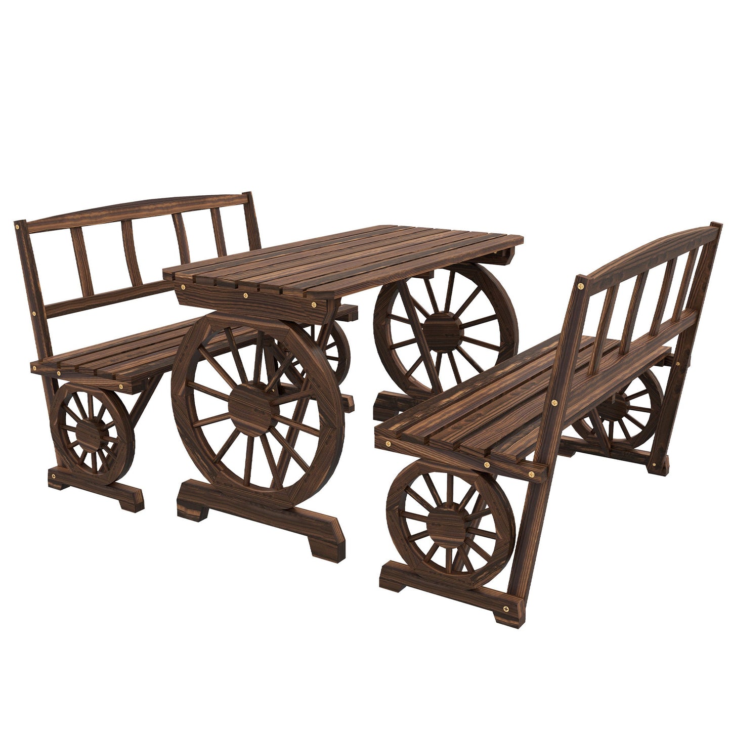 Outdoor Dining Set for 4 People, Wooden 3-Piece Carriage Wheels Design Outdoor Table and Chairs Rustic Style for Porch, Backyard, Balcony, Poolside, Carbonized