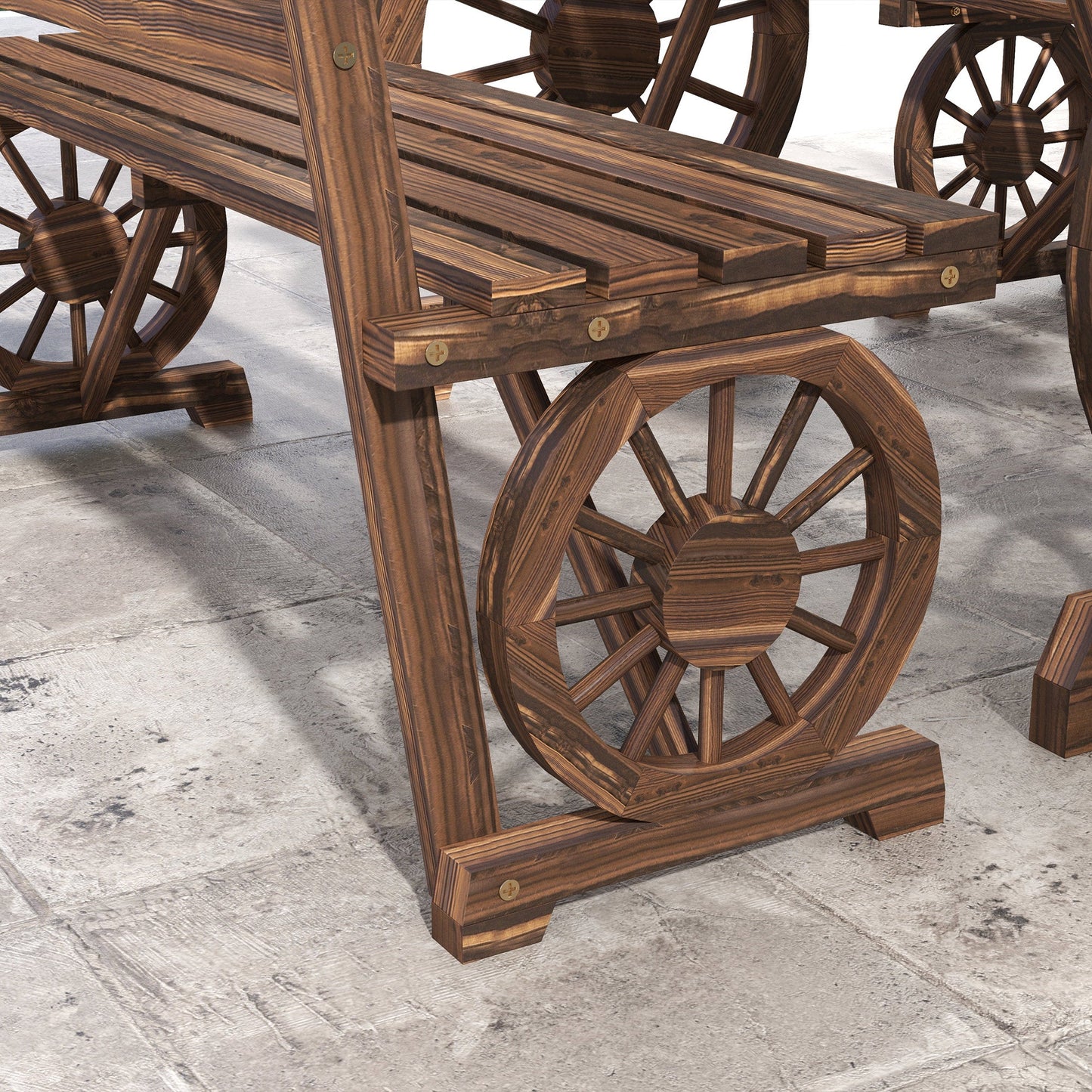 Outdoor Dining Set for 4 People, Wooden 3-Piece Carriage Wheels Design Outdoor Table and Chairs Rustic Style for Porch, Backyard, Balcony, Poolside, Carbonized