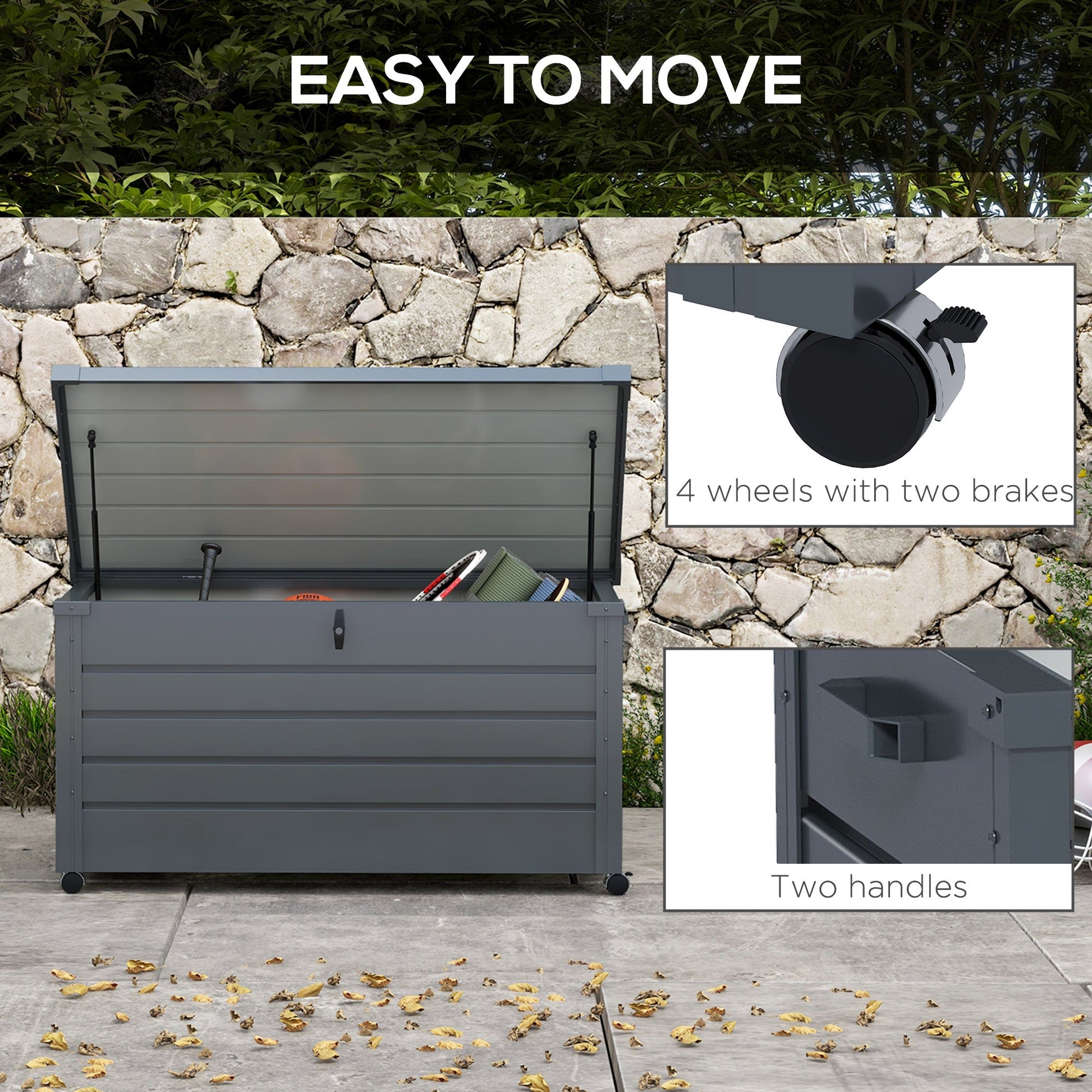 82 Gallon Garden Storage Box, Waterproof Outdoor Storage Container with Wheels and Handles, Lockable Galvanised Steel Outside Deck Box for Tools, Cushions, Dark Grey