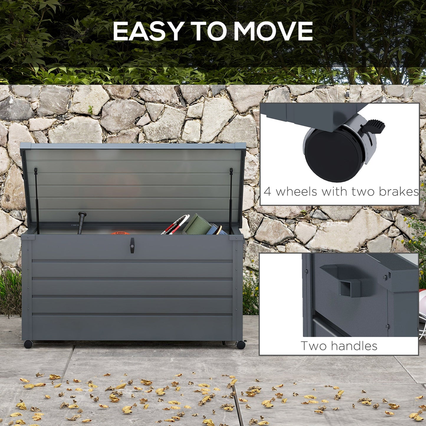 82 Gallon Garden Storage Box, Waterproof Outdoor Storage Container with Wheels and Handles, Lockable Galvanised Steel Outside Deck Box for Tools, Cushions, Dark Grey