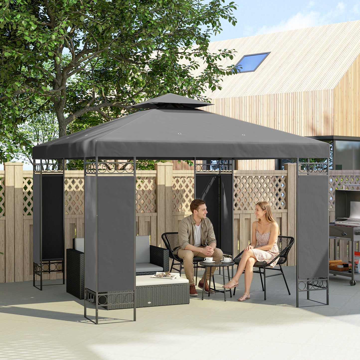10 x 10 FT Canopy Gazebo, Double Roof Outdoor Gazebo with Screen Panels and Metal Frame, Patio Gazebo for Poolside, Garden, Deck, Backyard, Dark Grey