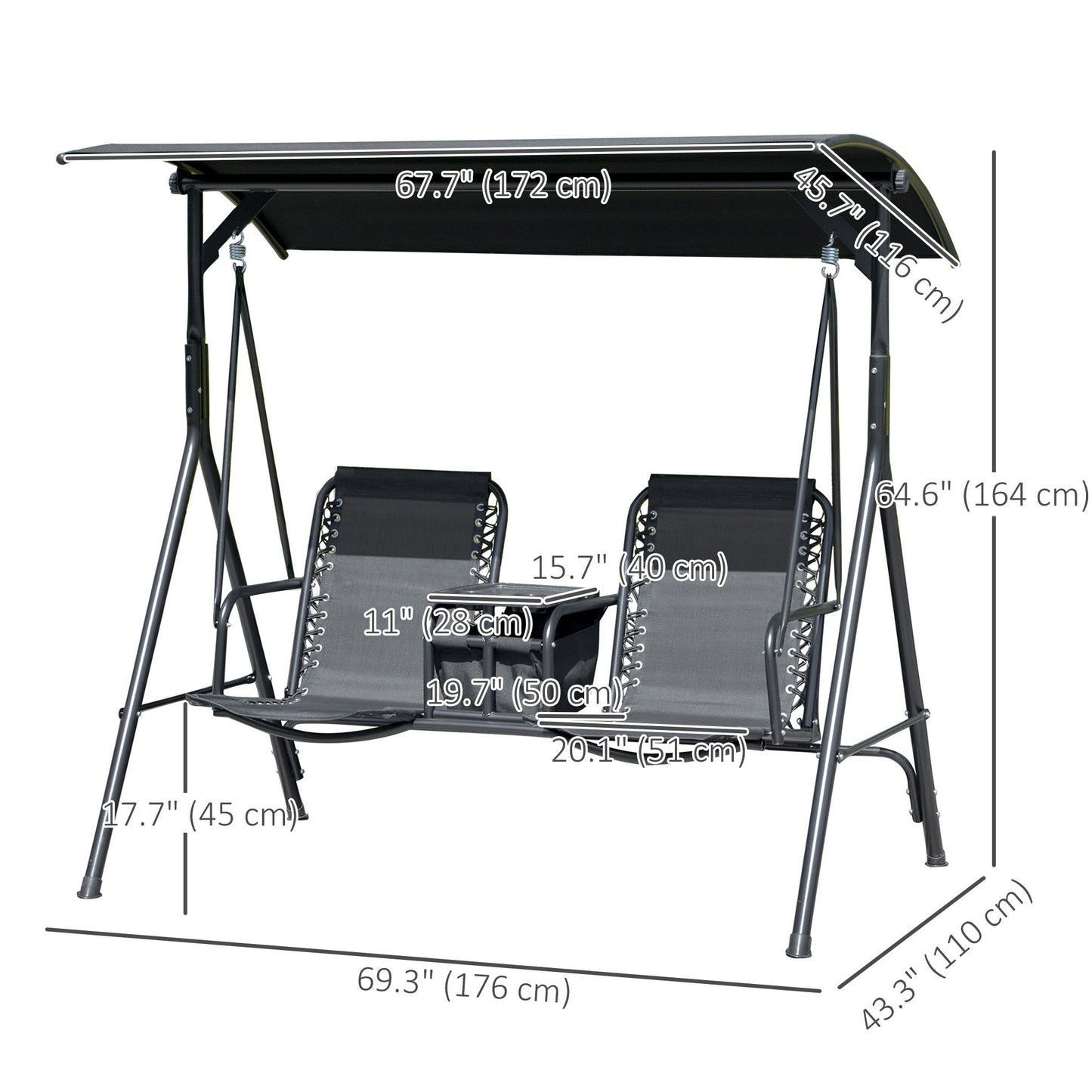 2 Person Covered Porch Swing Patio Swing with Pivot Storage Table, Cup Holder, & Adjustable Overhead Canopy, Black