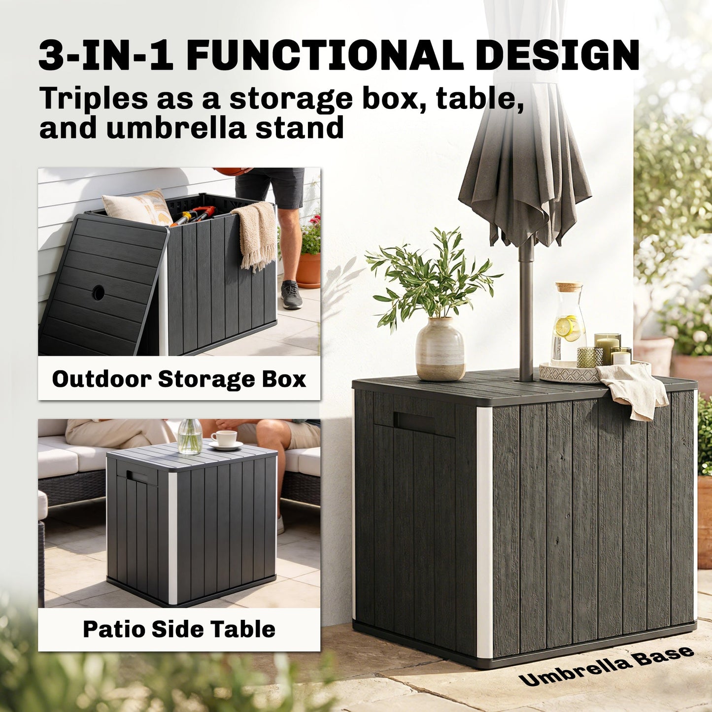30 Gallon Outdoor Storage Box, Outdoor Side Table with Umbrella Holder, HDPE Deck Box Garden Storage Container for Balcony, Porch, Poolside