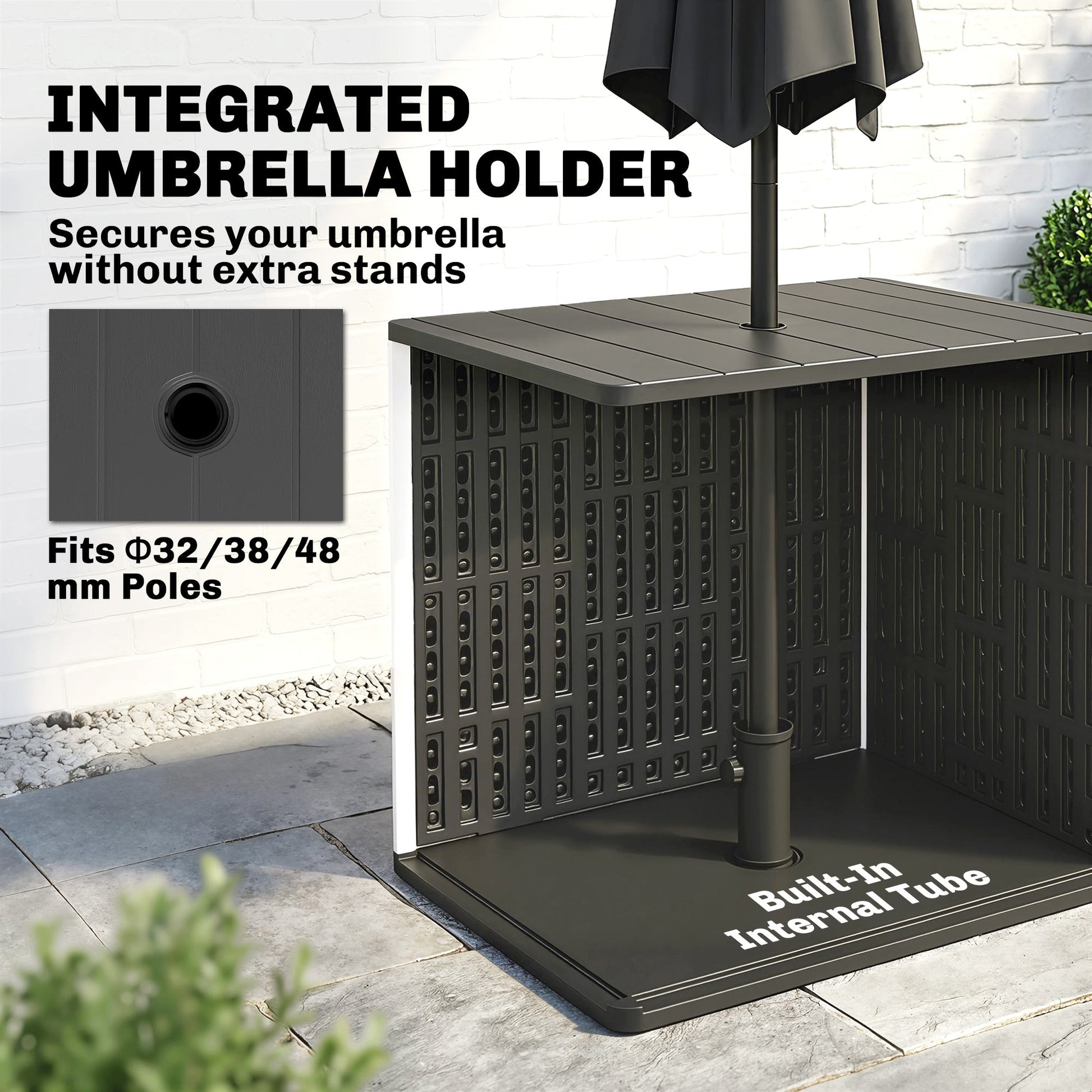 30 Gallon Outdoor Storage Box, Outdoor Side Table with Umbrella Holder, HDPE Deck Box Garden Storage Container for Balcony, Porch, Poolside
