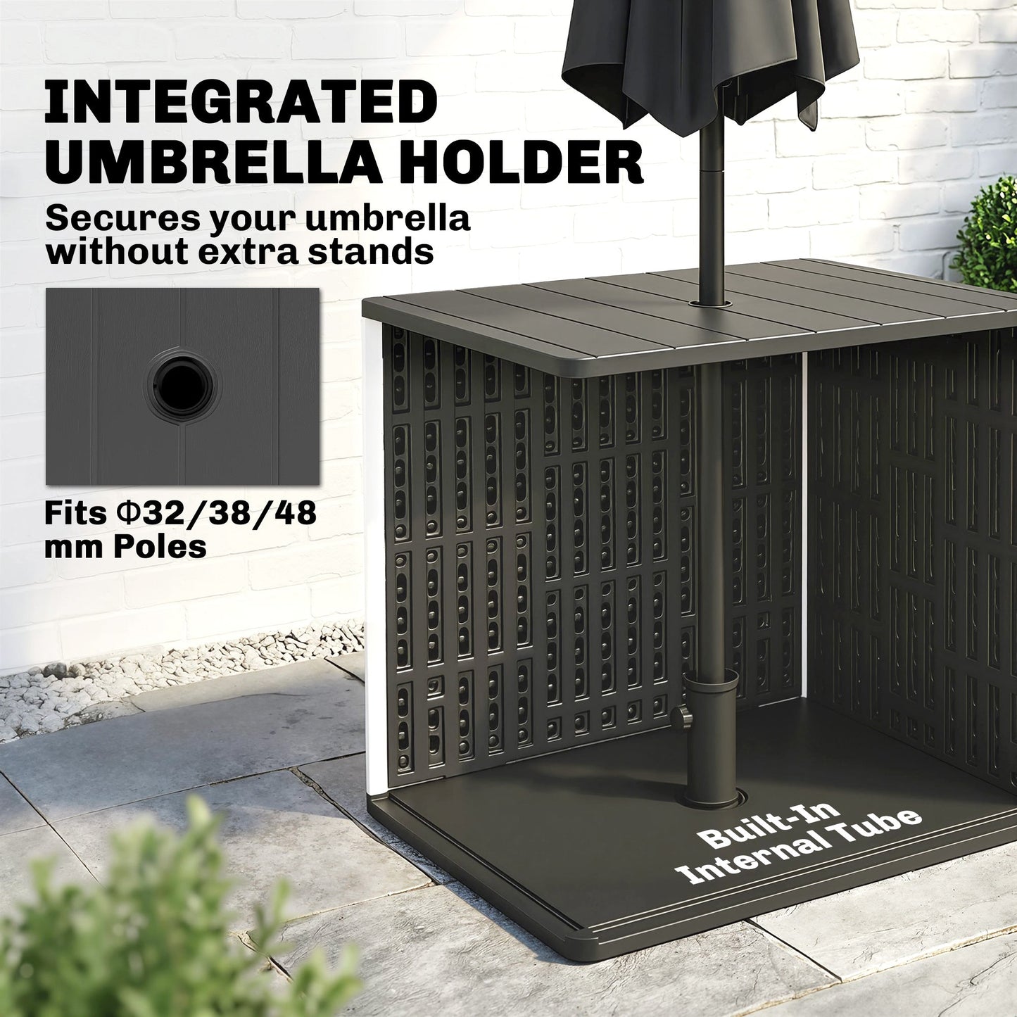30 Gallon Outdoor Storage Box, Outdoor Side Table with Umbrella Holder, HDPE Deck Box Garden Storage Container for Balcony, Porch, Poolside