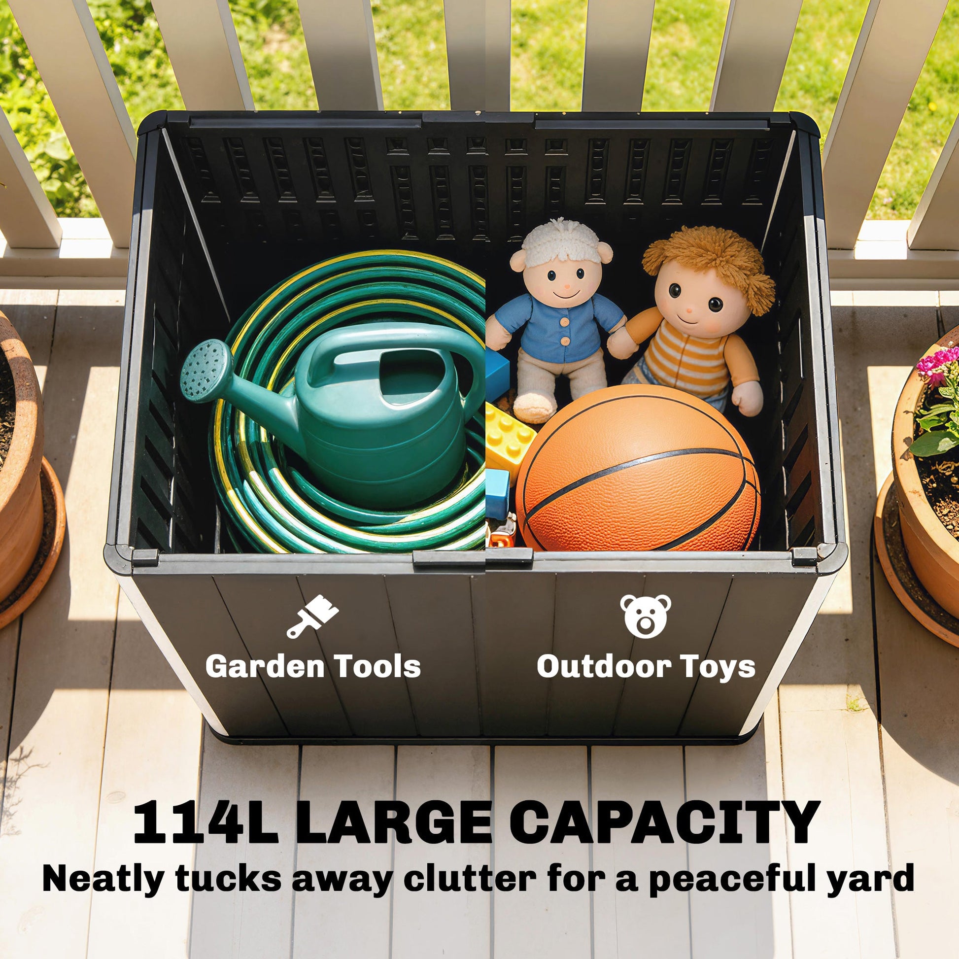 30 Gallon Outdoor Storage Box, Outdoor Side Table with Umbrella Holder, HDPE Deck Box Garden Storage Container for Balcony, Porch, Poolside
