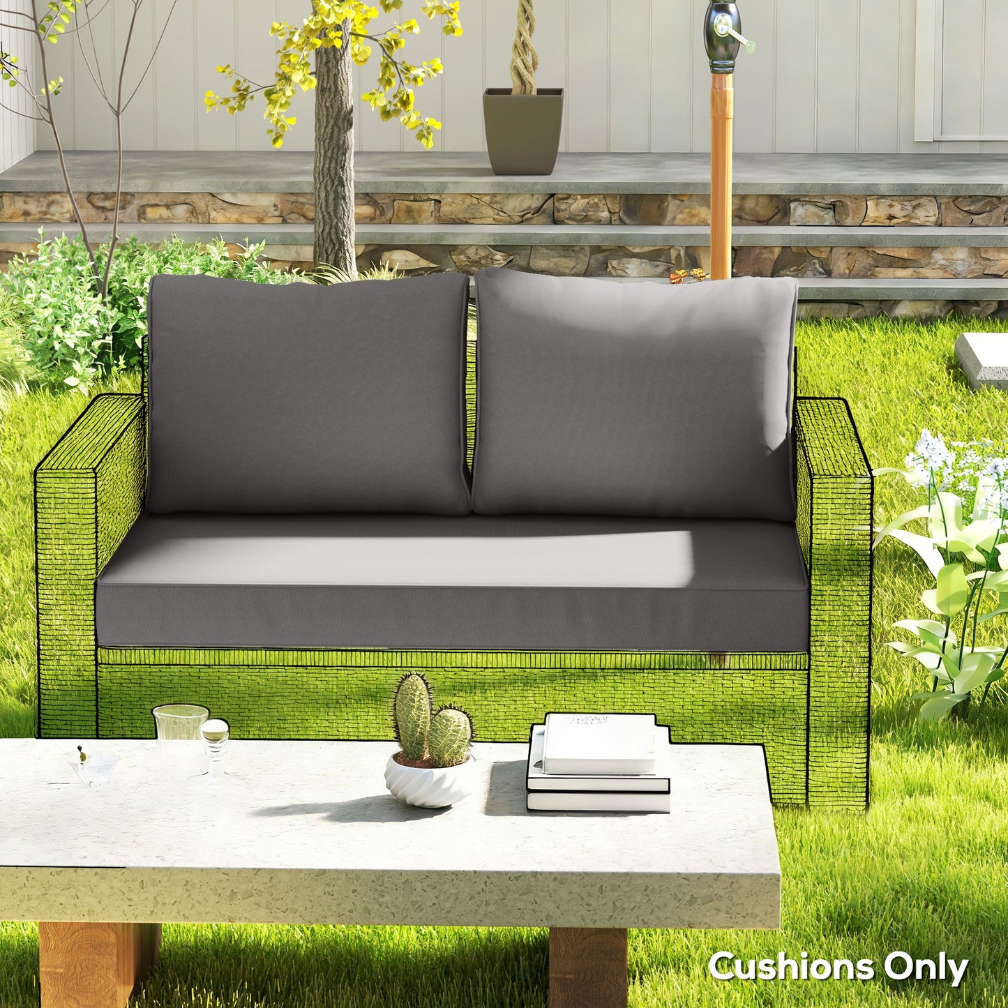 2 Seater Outdoor Seat Cushions with Backrest, Loveseat Double Sofa Outdoor Furniture Cushions, Fade-Resistant Replacement Patio Cushions for Indoor and Outdoor, Light Grey