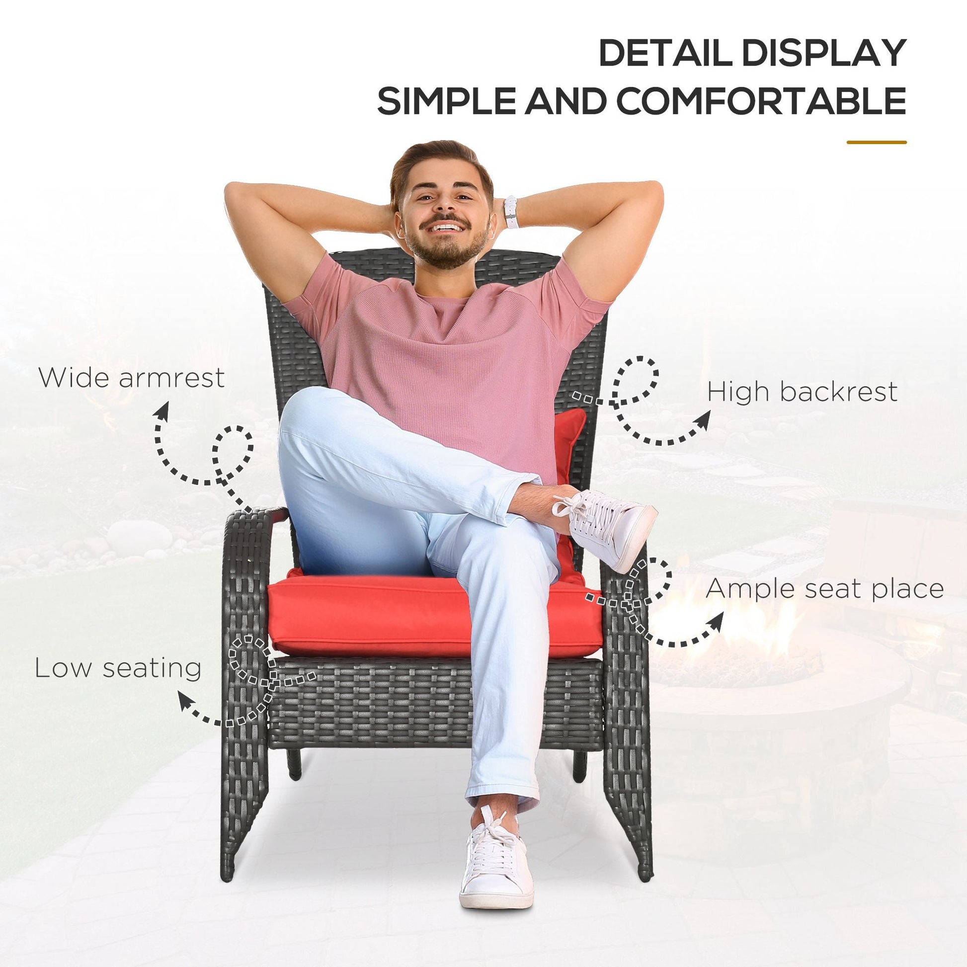 Patio Wicker Adirondack Chair, PE Rattan Outdoor Muskoka Chair, Fire Pit Chair with Cushions for Patio, Garden, Backyard, Poolside, Balcony, Deck, Red