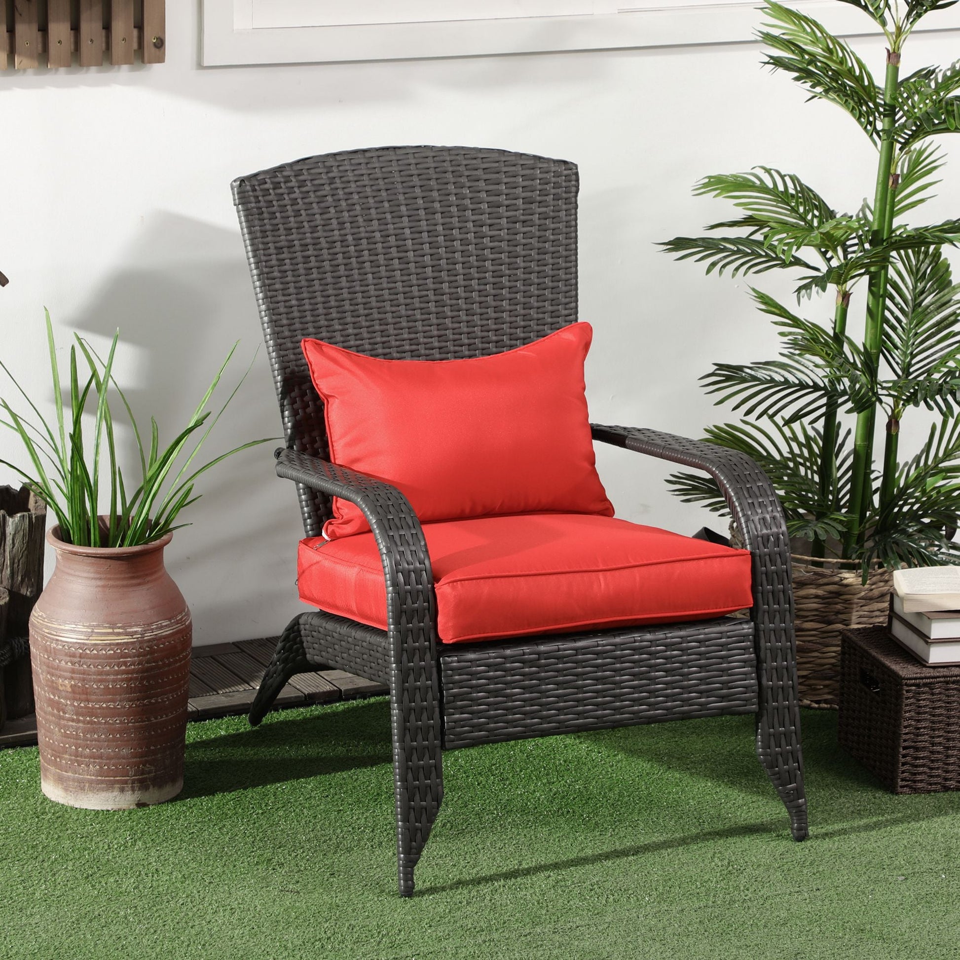 Patio Wicker Adirondack Chair, PE Rattan Outdoor Muskoka Chair, Fire Pit Chair with Cushions for Patio, Garden, Backyard, Poolside, Balcony, Deck, Red