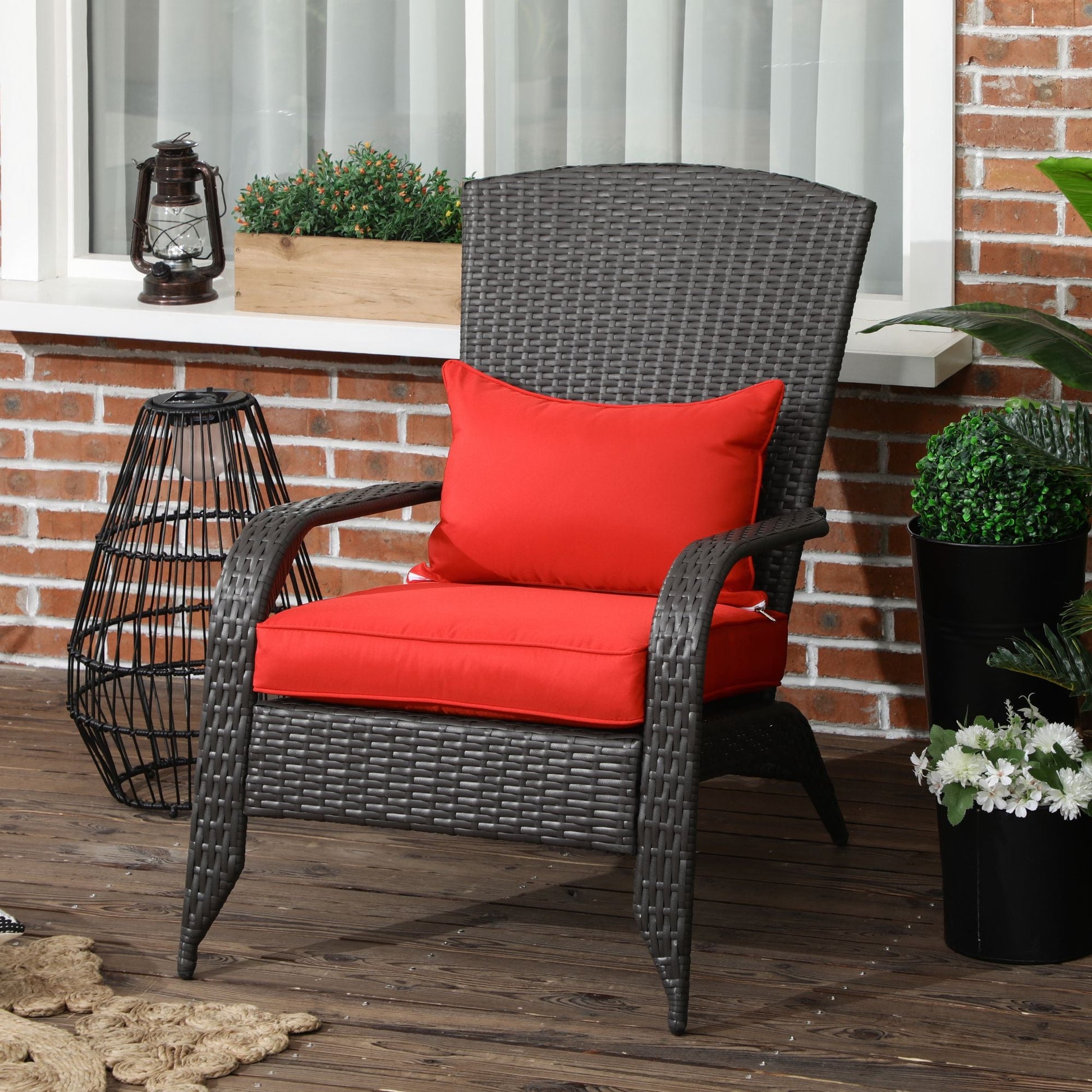 Patio Wicker Adirondack Chair, PE Rattan Outdoor Muskoka Chair, Fire Pit Chair with Cushions for Patio, Garden, Backyard, Poolside, Balcony, Deck, Red