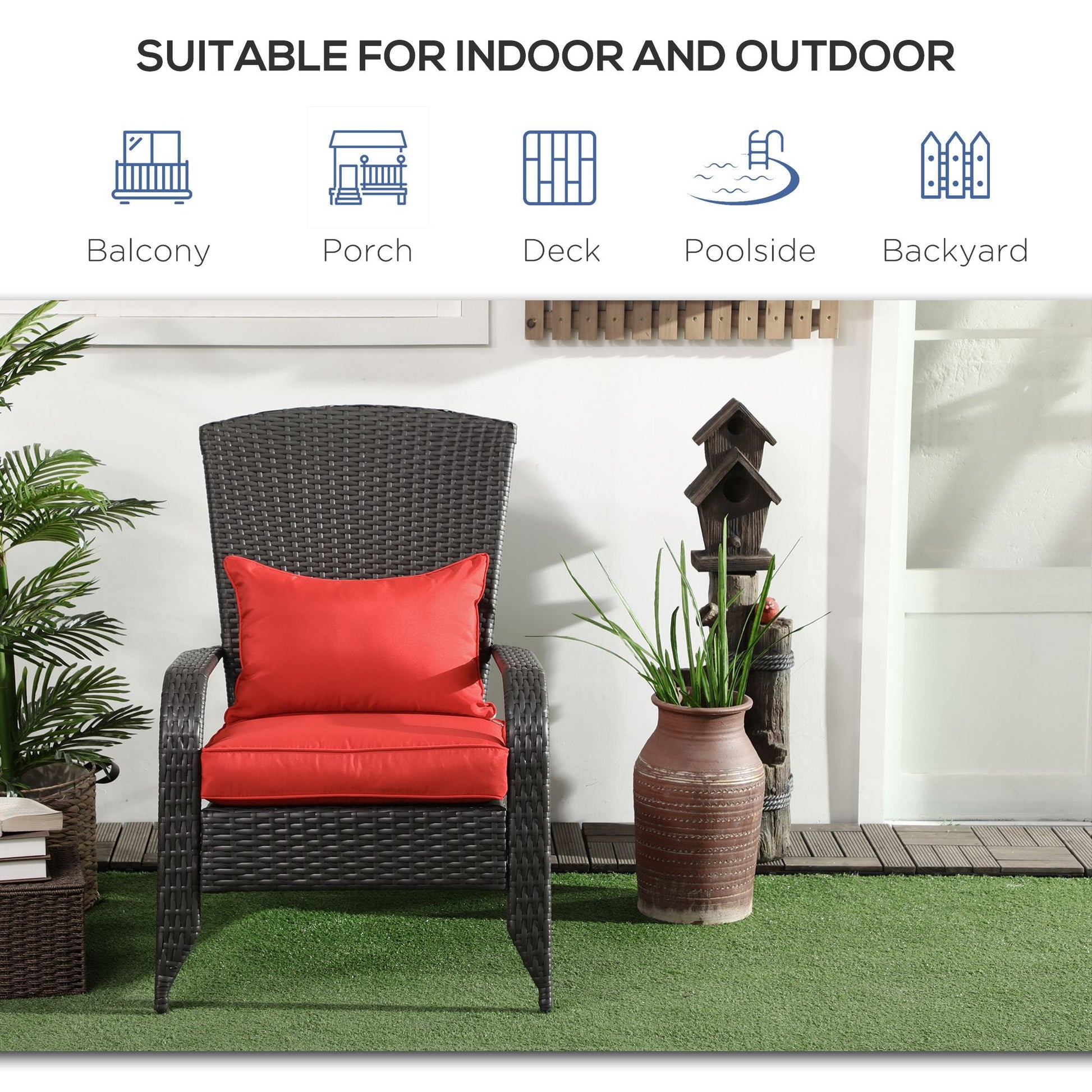 Patio Wicker Adirondack Chair, PE Rattan Outdoor Muskoka Chair, Fire Pit Chair with Cushions for Patio, Garden, Backyard, Poolside, Balcony, Deck, Red
