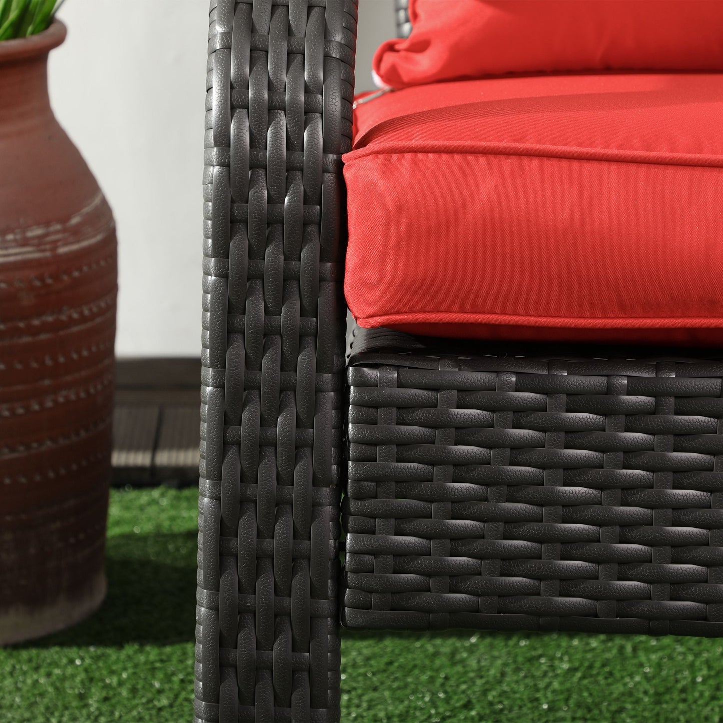 Patio Wicker Adirondack Chair, PE Rattan Outdoor Muskoka Chair, Fire Pit Chair with Cushions for Patio, Garden, Backyard, Poolside, Balcony, Deck, Red