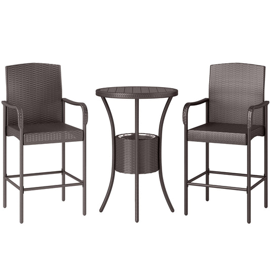 3 Pieces Patio Bar Set Rattan Bistro Table and High Chairs Garden Wicker Outdoor Conversation Furniture Set with Ice Bucket, Dark Brown
