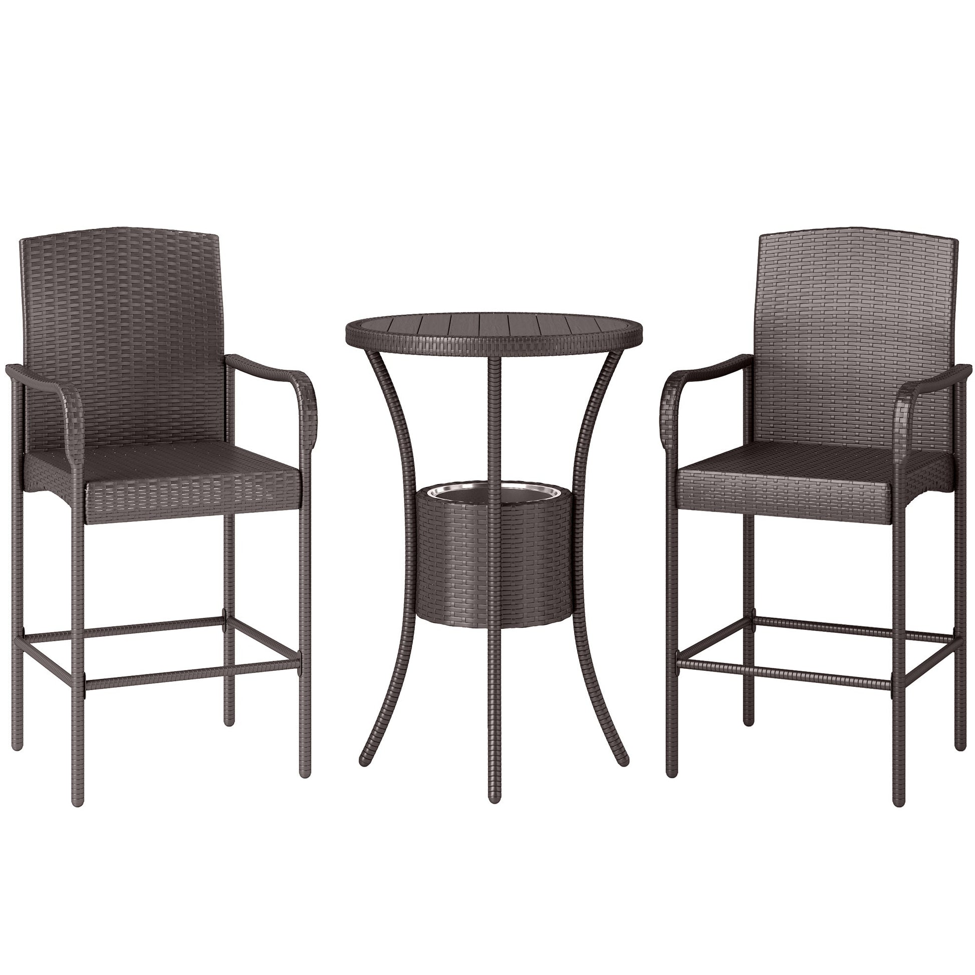 3 Pieces Patio Bar Set Rattan Bistro Table and High Chairs Garden Wicker Outdoor Conversation Furniture Set with Ice Bucket, Dark Brown
