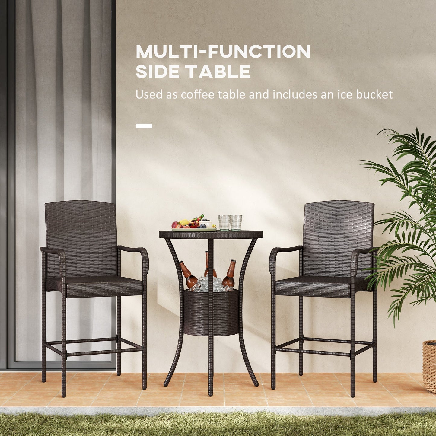 3 Pieces Patio Bar Set Rattan Bistro Table and High Chairs Garden Wicker Outdoor Conversation Furniture Set with Ice Bucket, Dark Brown
