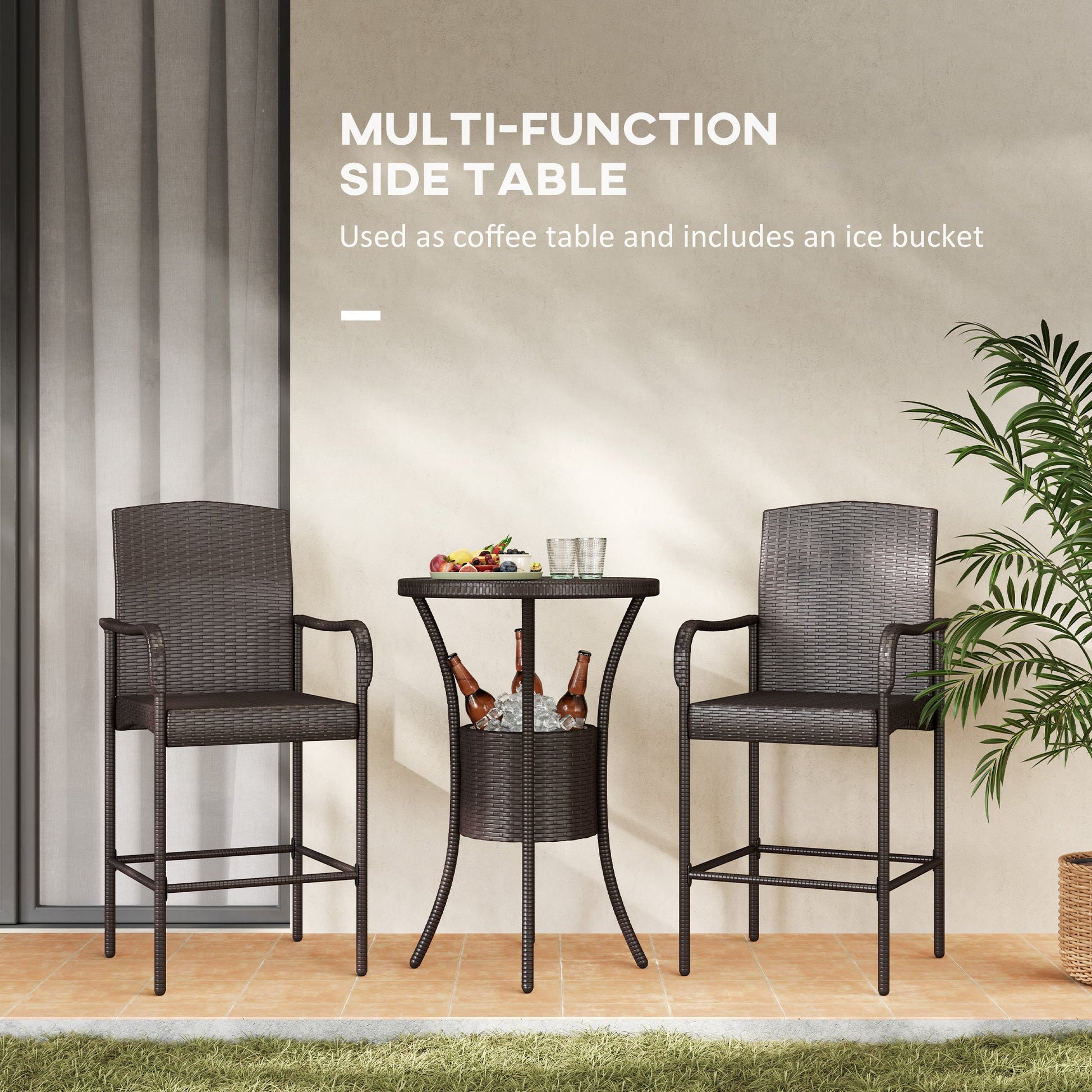 3 Pieces Patio Bar Set Rattan Bistro Table and High Chairs Garden Wicker Outdoor Conversation Furniture Set with Ice Bucket, Dark Brown