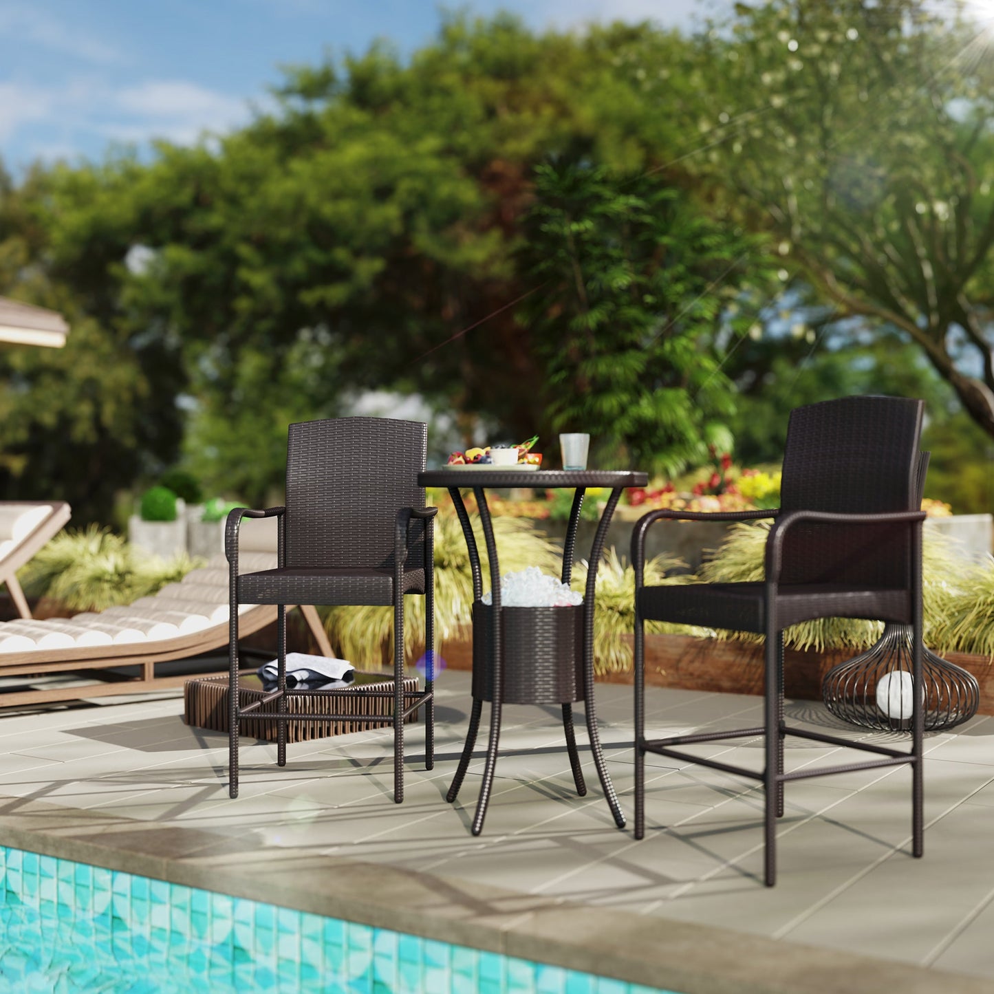 3 Pieces Patio Bar Set Rattan Bistro Table and High Chairs Garden Wicker Outdoor Conversation Furniture Set with Ice Bucket, Dark Brown