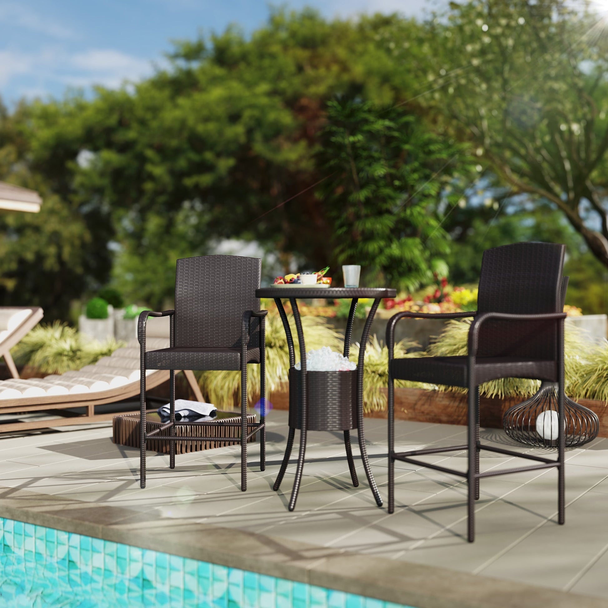 3 Pieces Patio Bar Set Rattan Bistro Table and High Chairs Garden Wicker Outdoor Conversation Furniture Set with Ice Bucket, Dark Brown