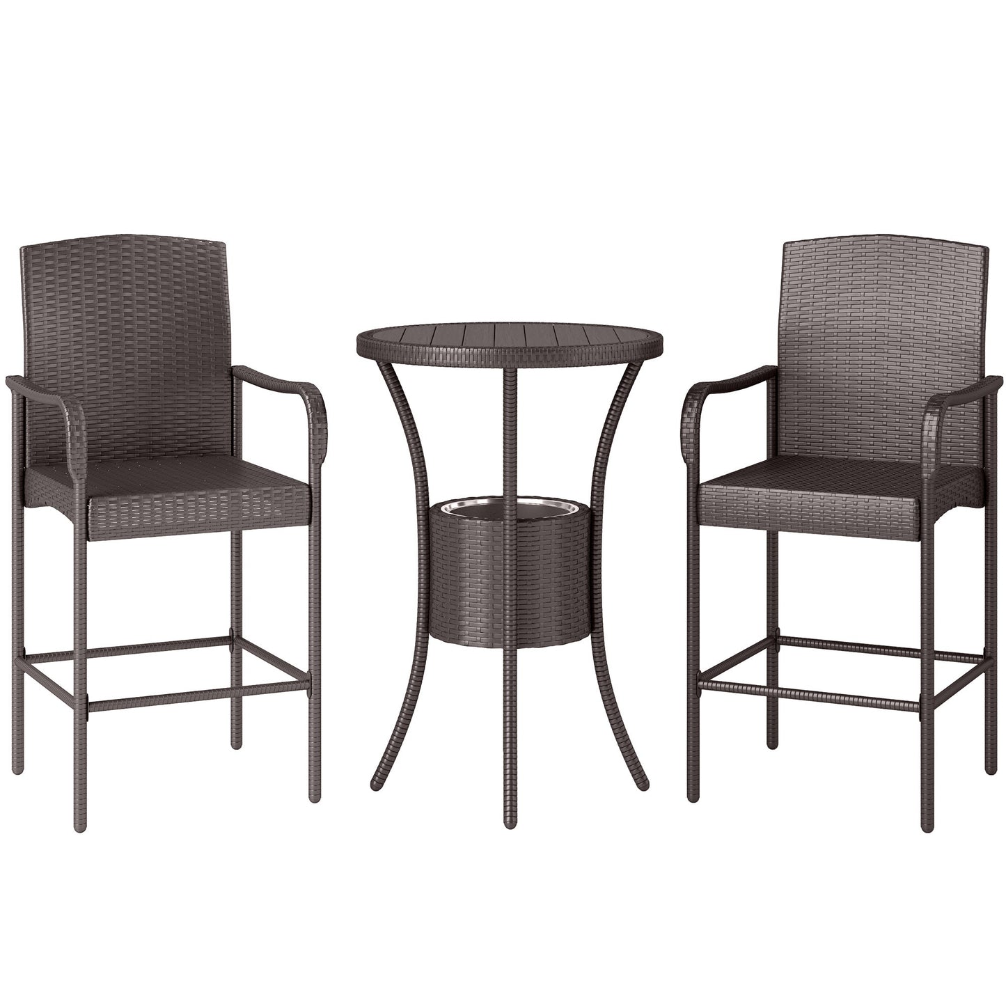 3 Pieces Patio Bar Set Rattan Bistro Table and High Chairs Garden Wicker Outdoor Conversation Furniture Set with Ice Bucket, Dark Brown