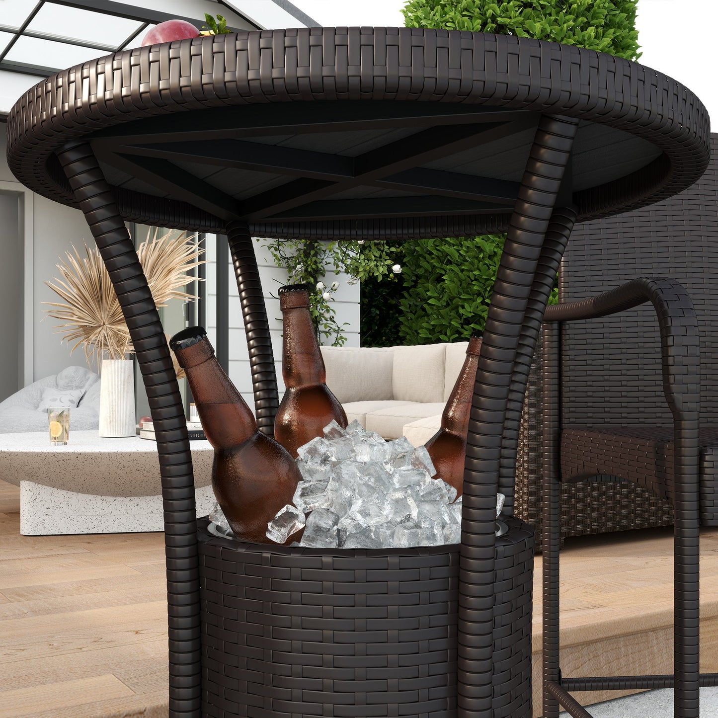 3 Pieces Patio Bar Set Rattan Bistro Table and High Chairs Garden Wicker Outdoor Conversation Furniture Set with Ice Bucket, Dark Brown