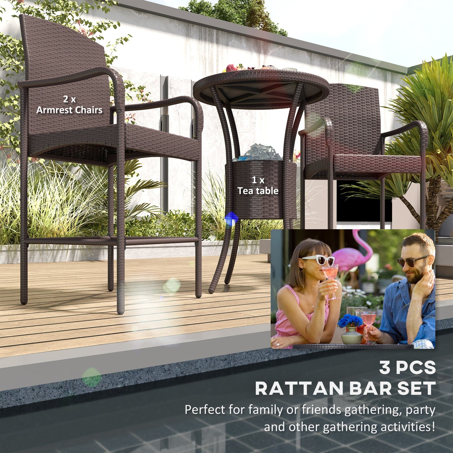 3 Pieces Patio Bar Set Rattan Bistro Table and High Chairs Garden Wicker Outdoor Conversation Furniture Set with Ice Bucket, Dark Brown