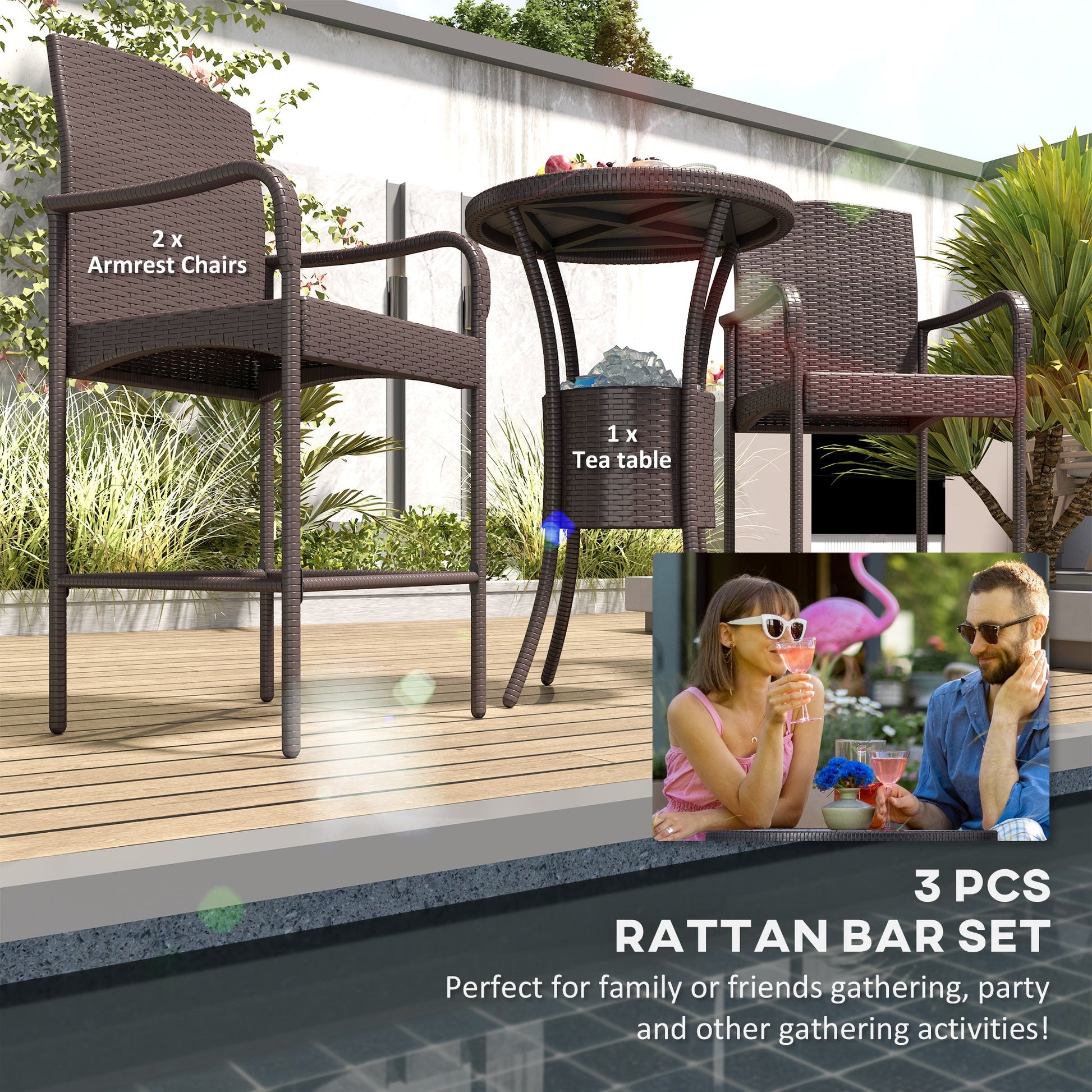 3 Pieces Patio Bar Set Rattan Bistro Table and High Chairs Garden Wicker Outdoor Conversation Furniture Set with Ice Bucket, Dark Brown
