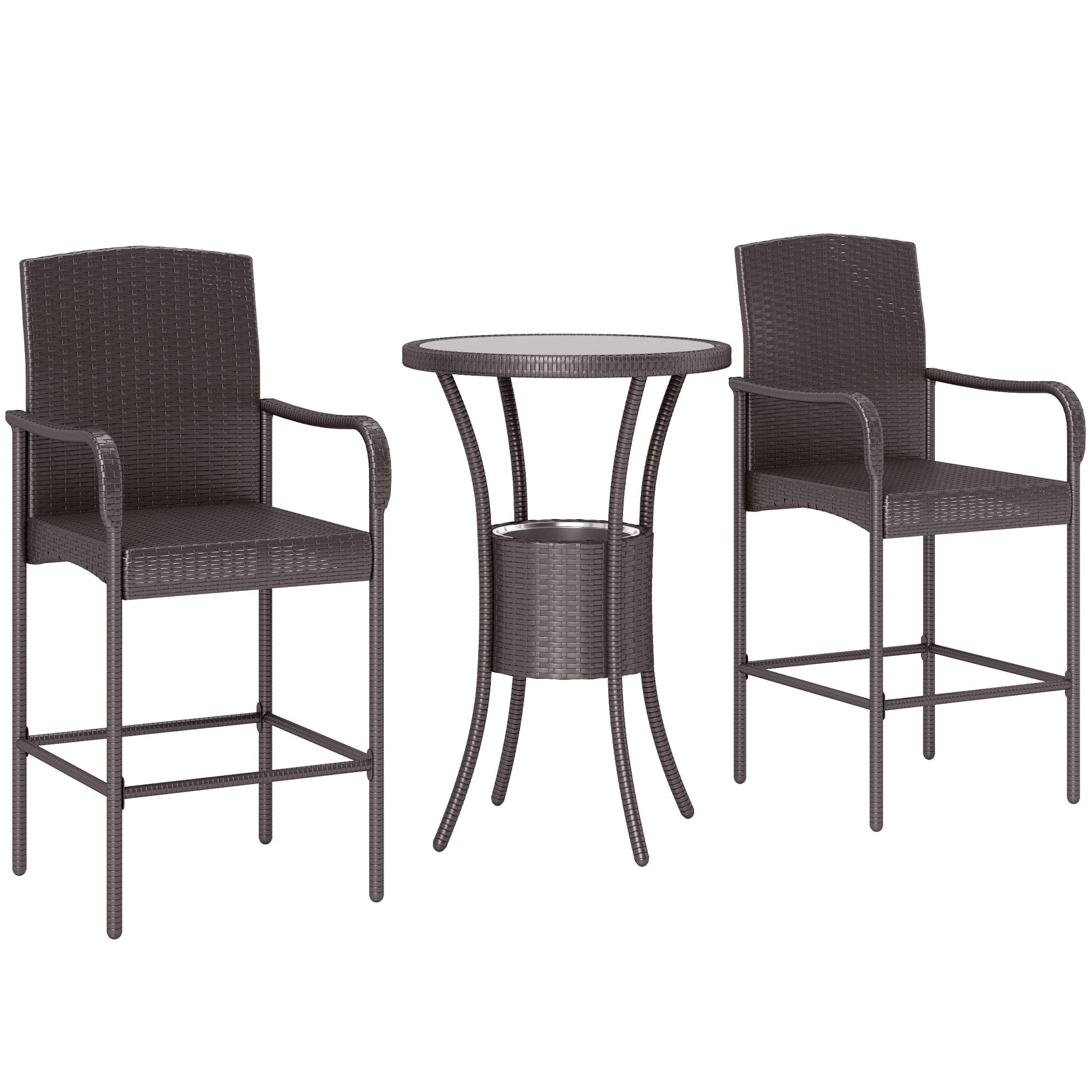 3 Pieces Patio Bar Set Rattan Bistro Table and High Chairs Garden Wicker Outdoor Conversation Furniture Set with Ice Bucket, Dark Brown