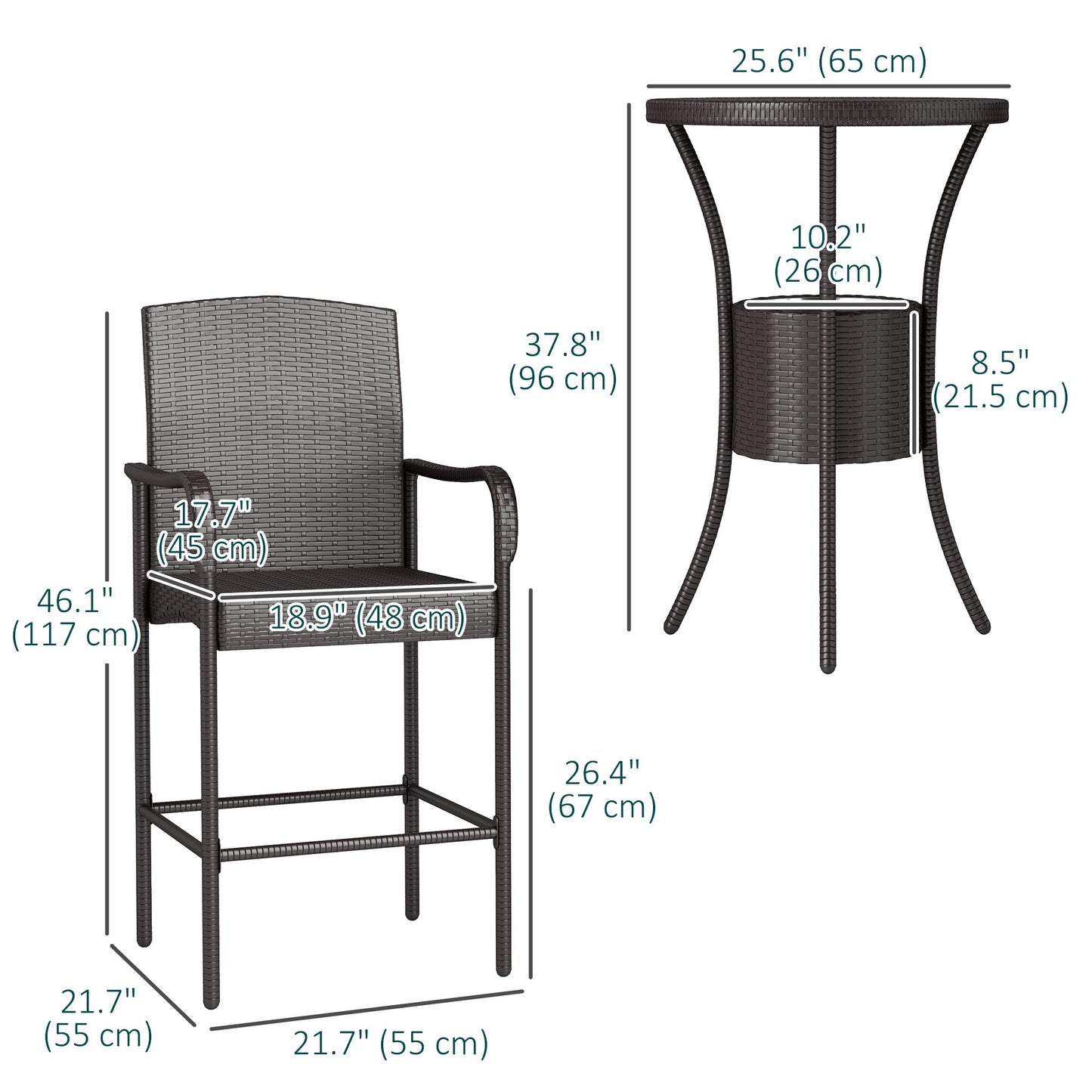 3 Pieces Patio Bar Set Rattan Bistro Table and High Chairs Garden Wicker Outdoor Conversation Furniture Set with Ice Bucket, Dark Brown