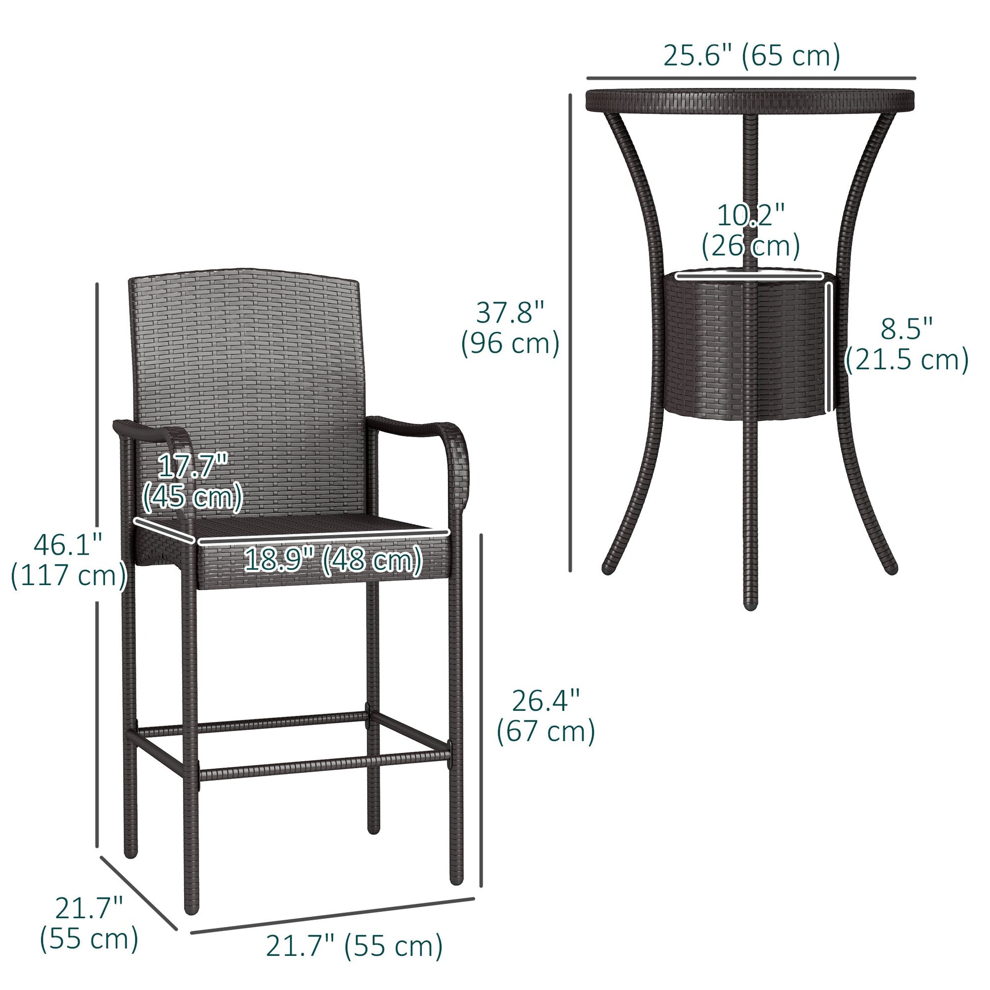 3 Pieces Patio Bar Set Rattan Bistro Table and High Chairs Garden Wicker Outdoor Conversation Furniture Set with Ice Bucket, Dark Brown