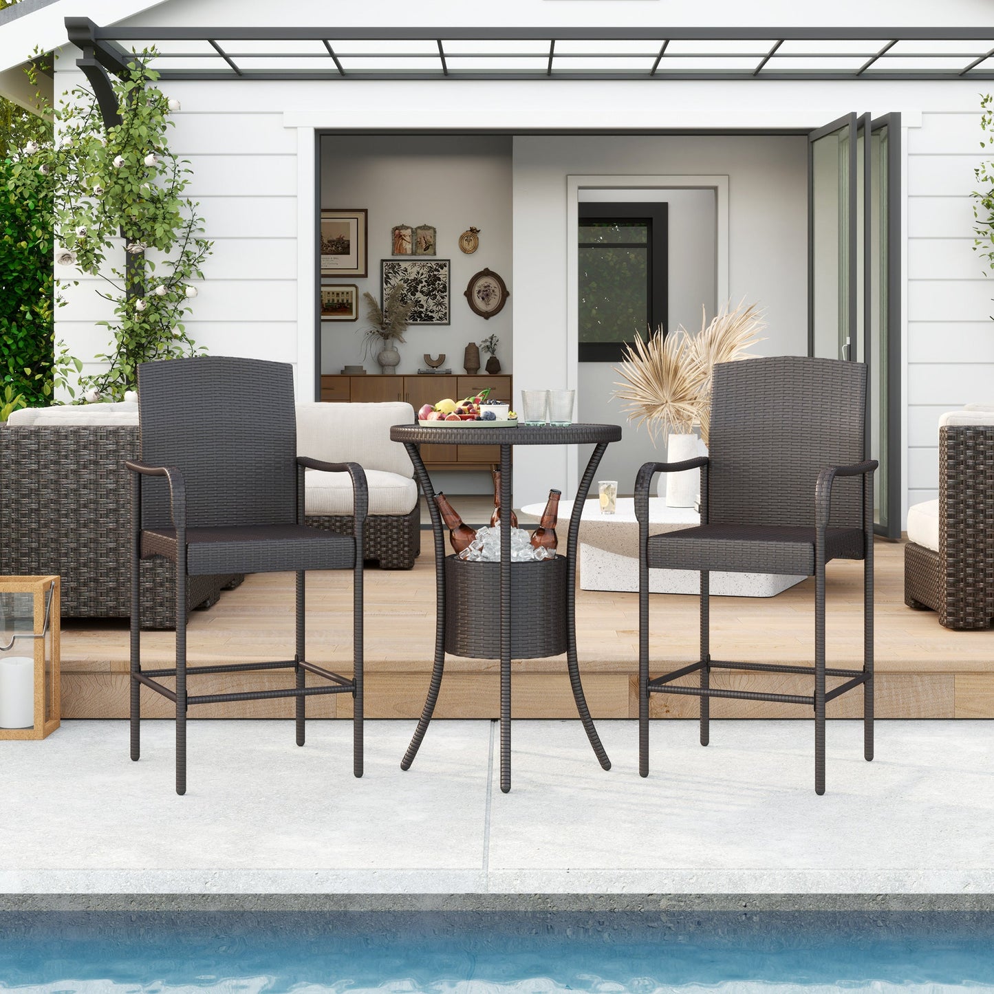 3 Pieces Patio Bar Set Rattan Bistro Table and High Chairs Garden Wicker Outdoor Conversation Furniture Set with Ice Bucket, Dark Brown