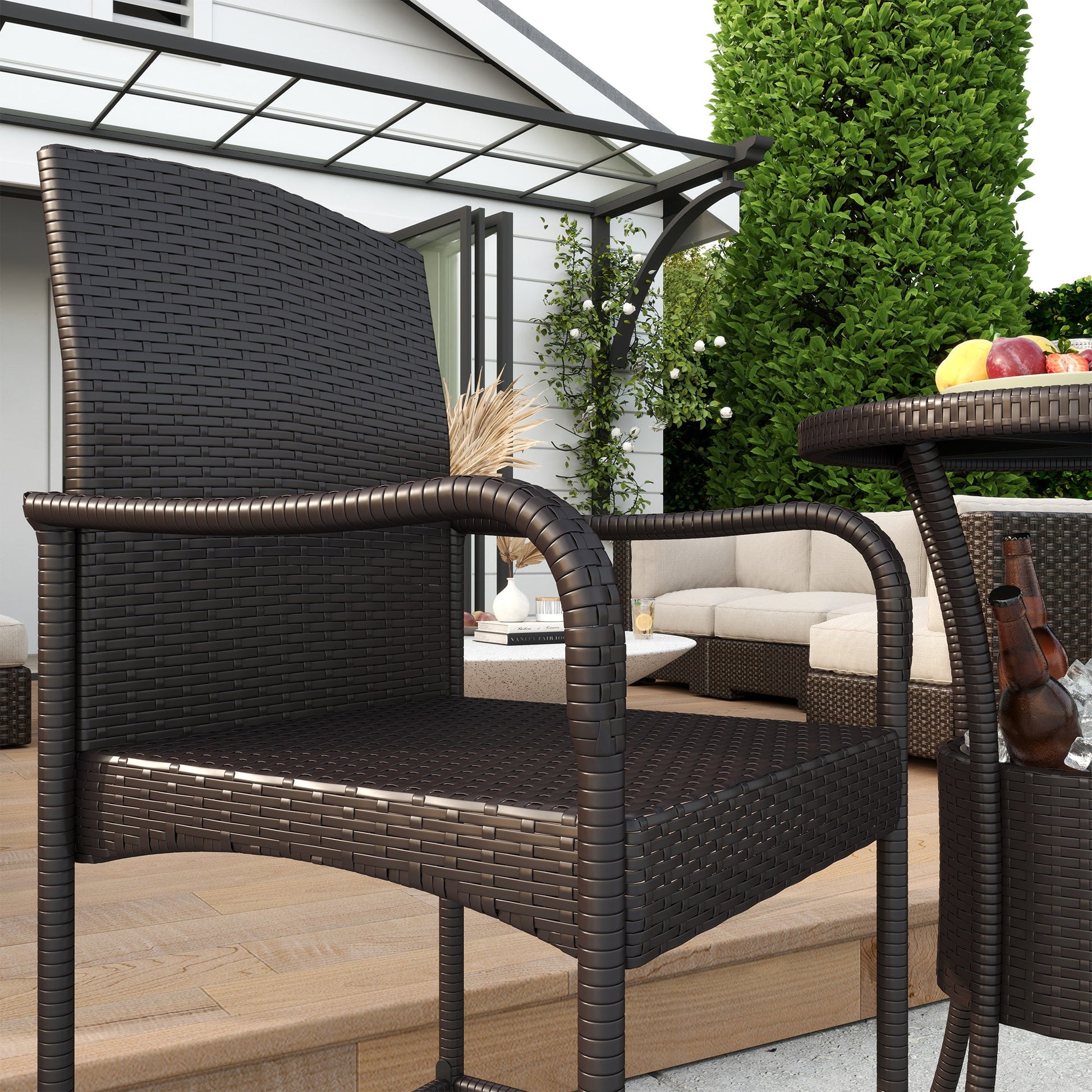 3 Pieces Patio Bar Set Rattan Bistro Table and High Chairs Garden Wicker Outdoor Conversation Furniture Set with Ice Bucket, Dark Brown
