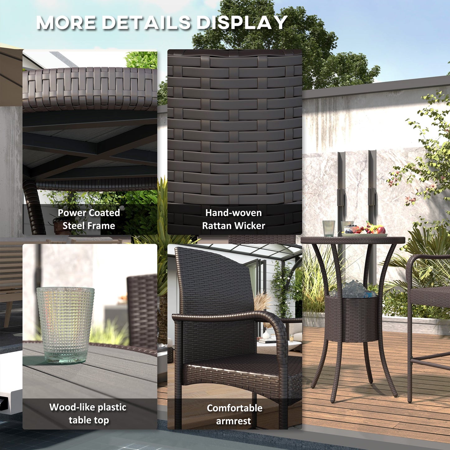 3 Pieces Patio Bar Set Rattan Bistro Table and High Chairs Garden Wicker Outdoor Conversation Furniture Set with Ice Bucket, Dark Brown