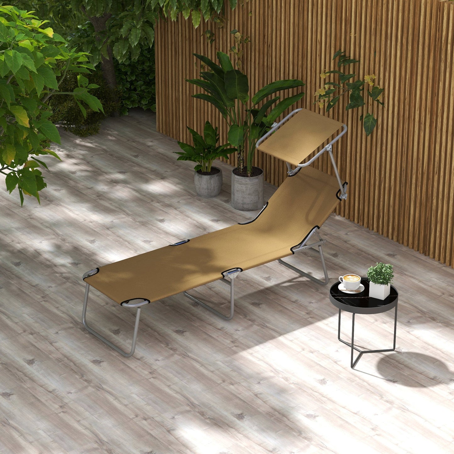 Outdoor Lounge Chair, Adjustable Folding Chaise Lounge, Tanning Chair with Sun Shade for Beach, Camping, Hiking, Backyard, Brown