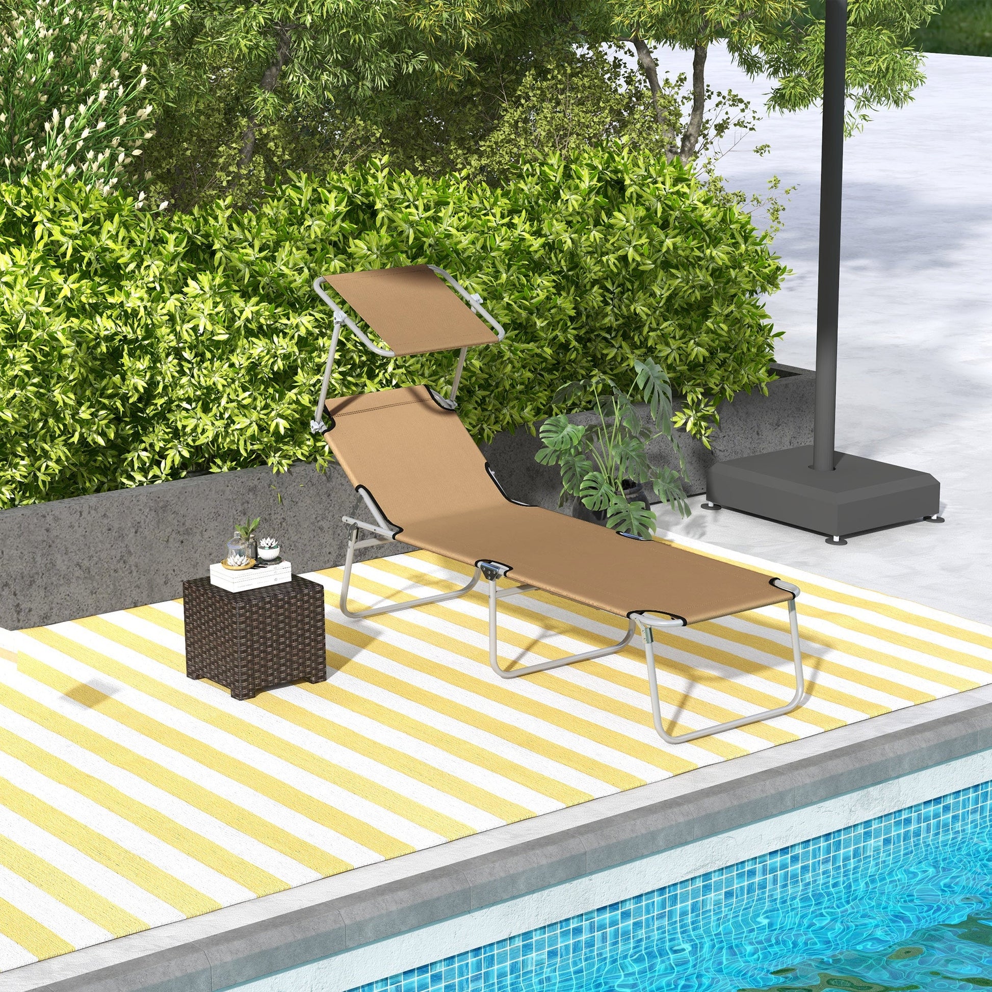 Outdoor Lounge Chair, Adjustable Folding Chaise Lounge, Tanning Chair with Sun Shade for Beach, Camping, Hiking, Backyard, Brown