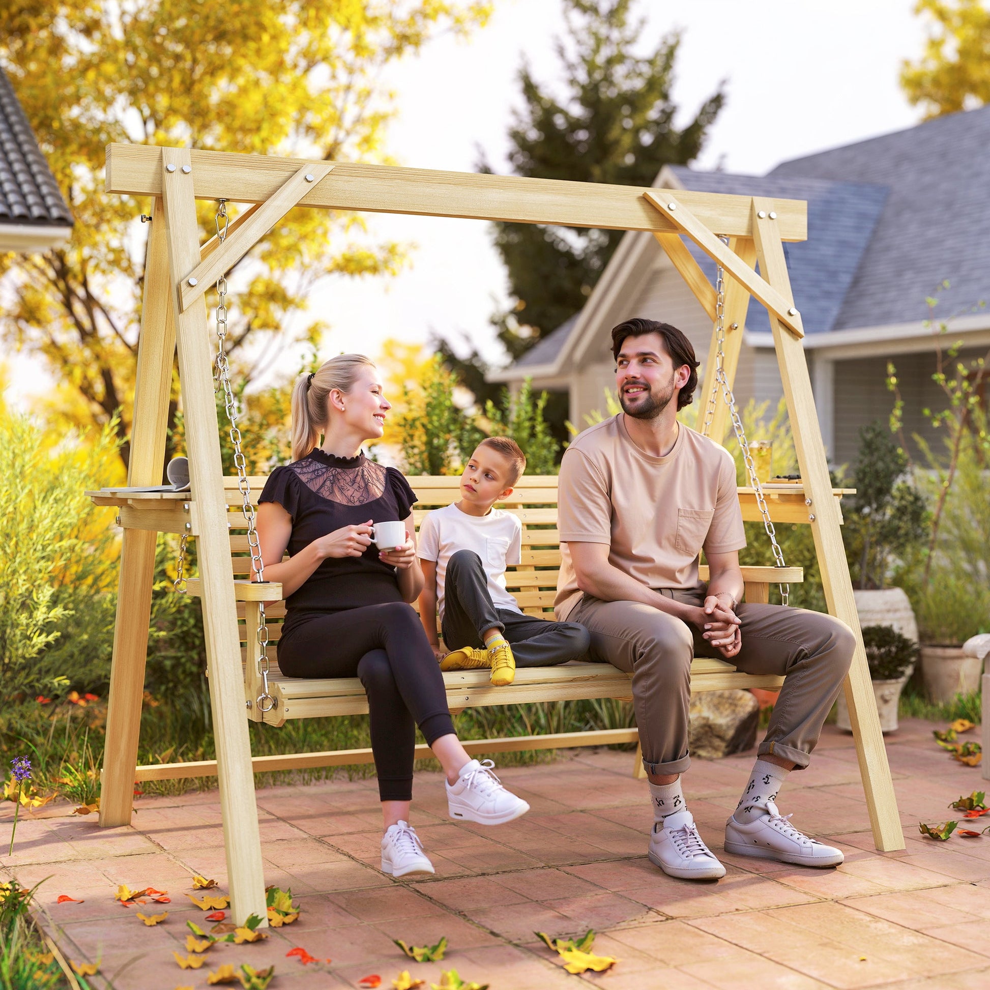 3 Seat Porch Swing with Stand, Wooden Patio Swing Chair with Side Tables and Metal Chains, Outdoor Swing Bench for Garden, Poolside, Backyard, Natural Wood