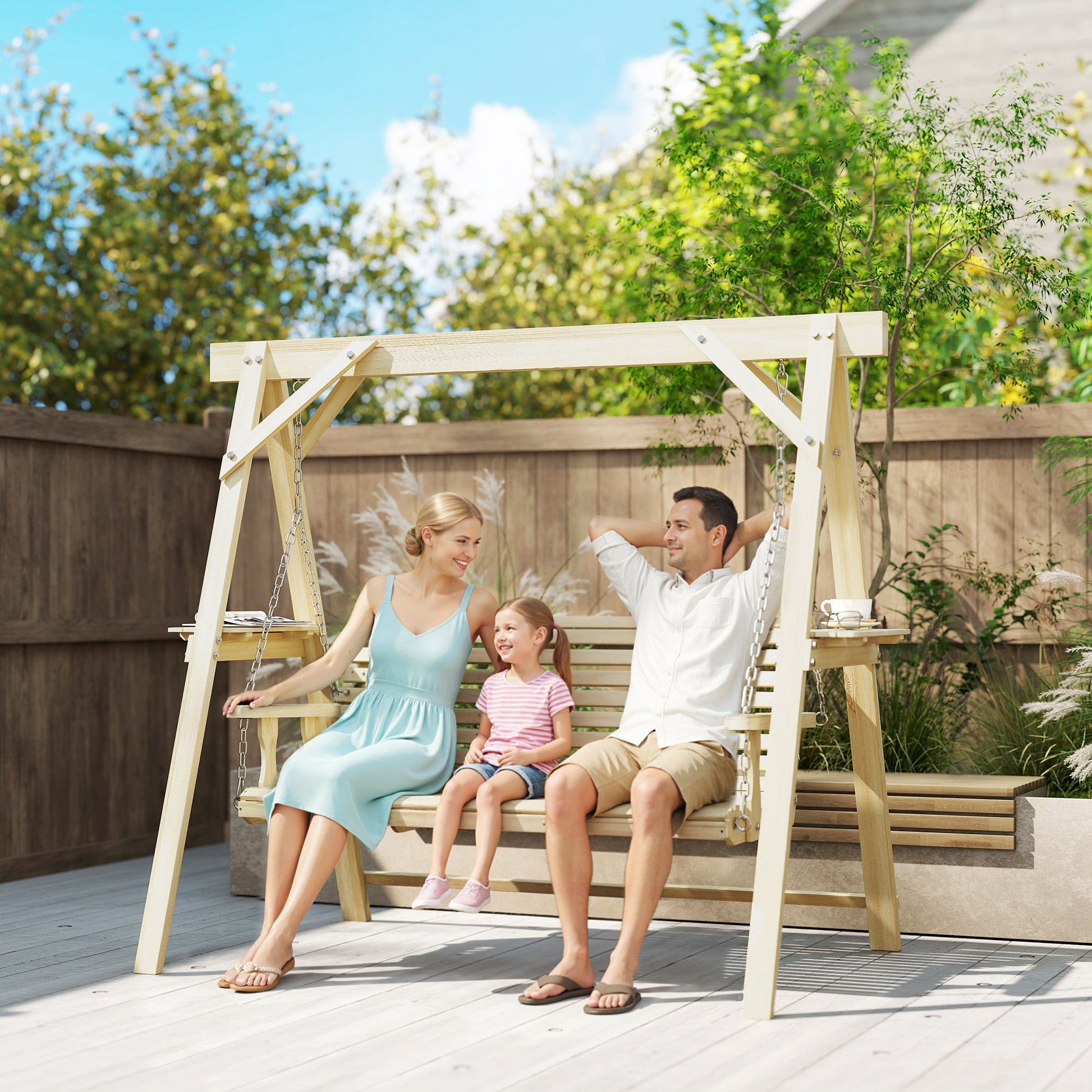 3 Seat Porch Swing with Stand, Wooden Patio Swing Chair with Side Tables and Metal Chains, Outdoor Swing Bench for Garden, Poolside, Backyard, Natural Wood
