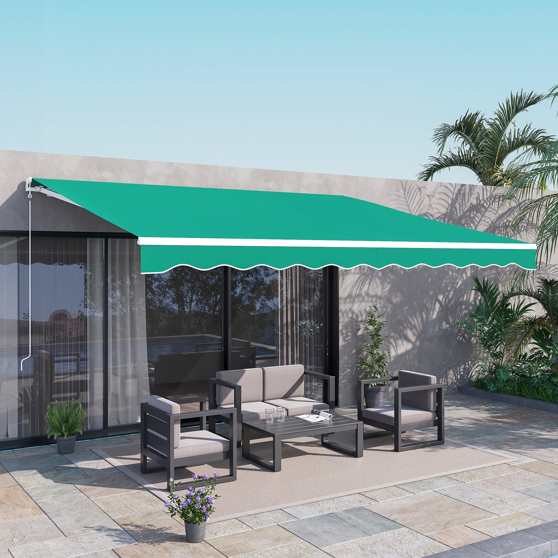 13' x 10' Electric Awning, Retractable Awning Sun Shade Shelter with Remote Controller, Manual Crank Handle and Aluminum Frame, for Deck, Balcony, Yard, Green