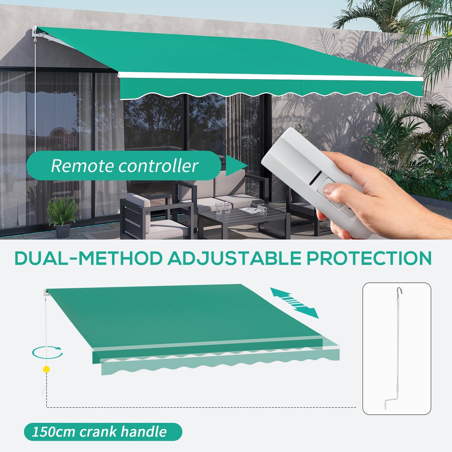 13' x 10' Electric Awning, Retractable Awning Sun Shade Shelter with Remote Controller, Manual Crank Handle and Aluminum Frame, for Deck, Balcony, Yard, Green