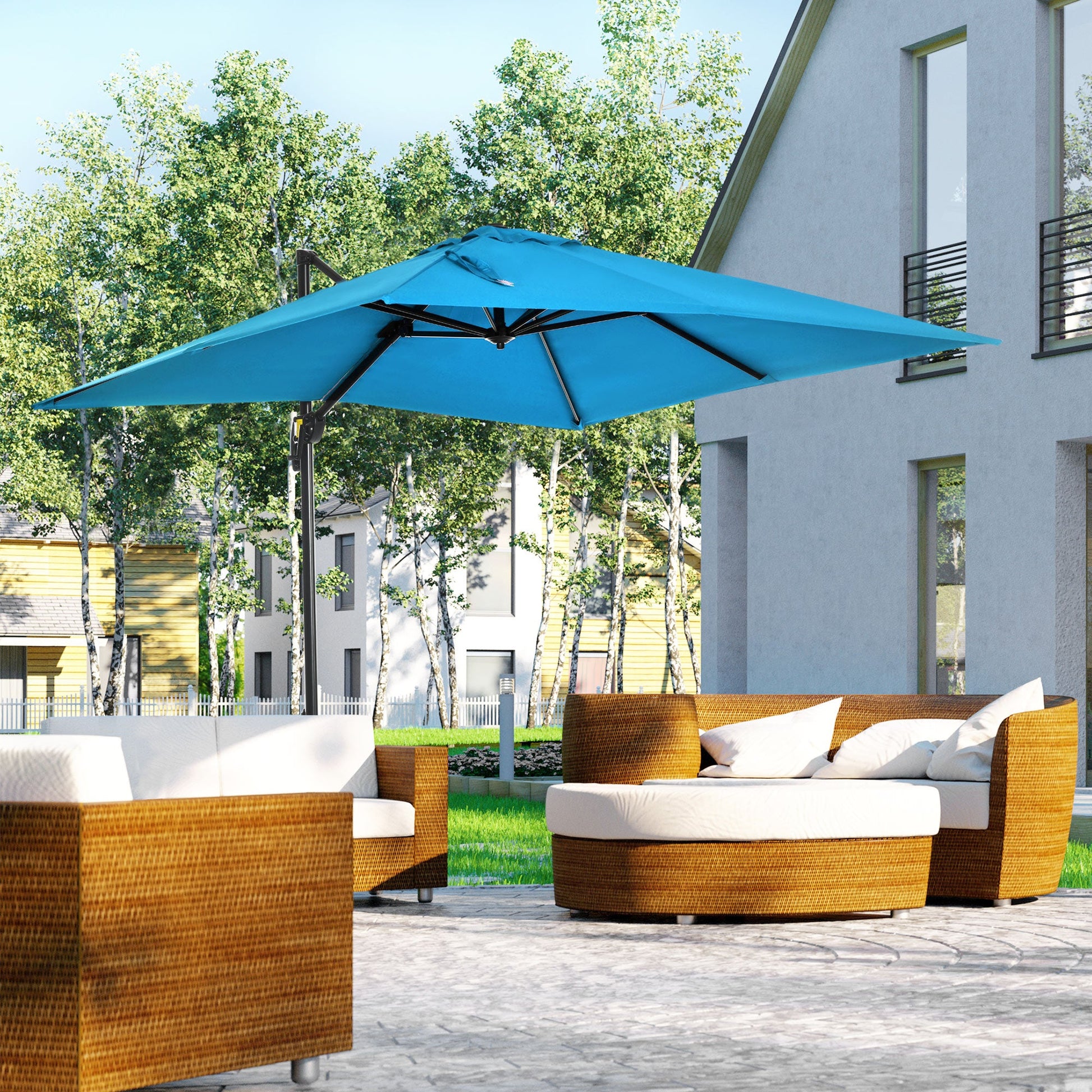 8' x 8' Square Patio Hanging Offset Umbrella with 360° Rotation, Aluminum Outdoor Cantilever Parasol with Crank & Tilt, Sun Canopy Shelter with Cross Base, Turquoise